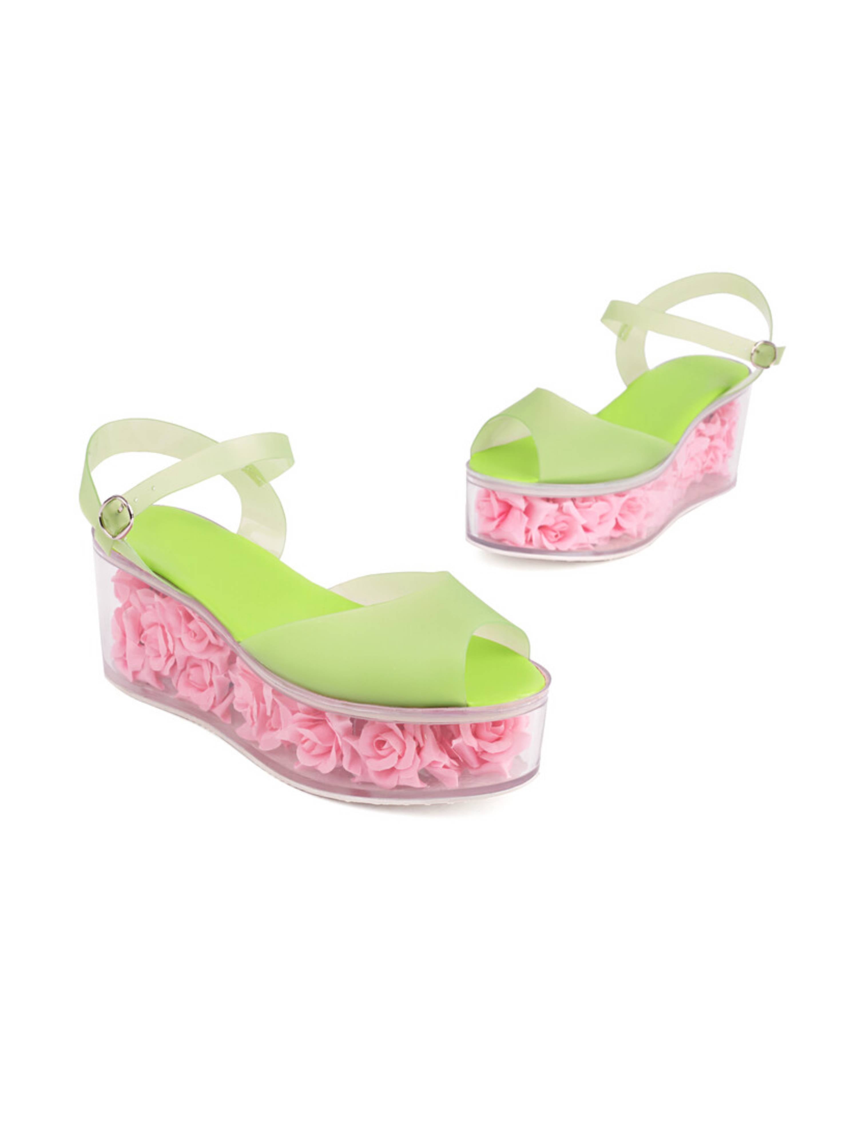 Green Sandals for Women with Floral Transparent Platform