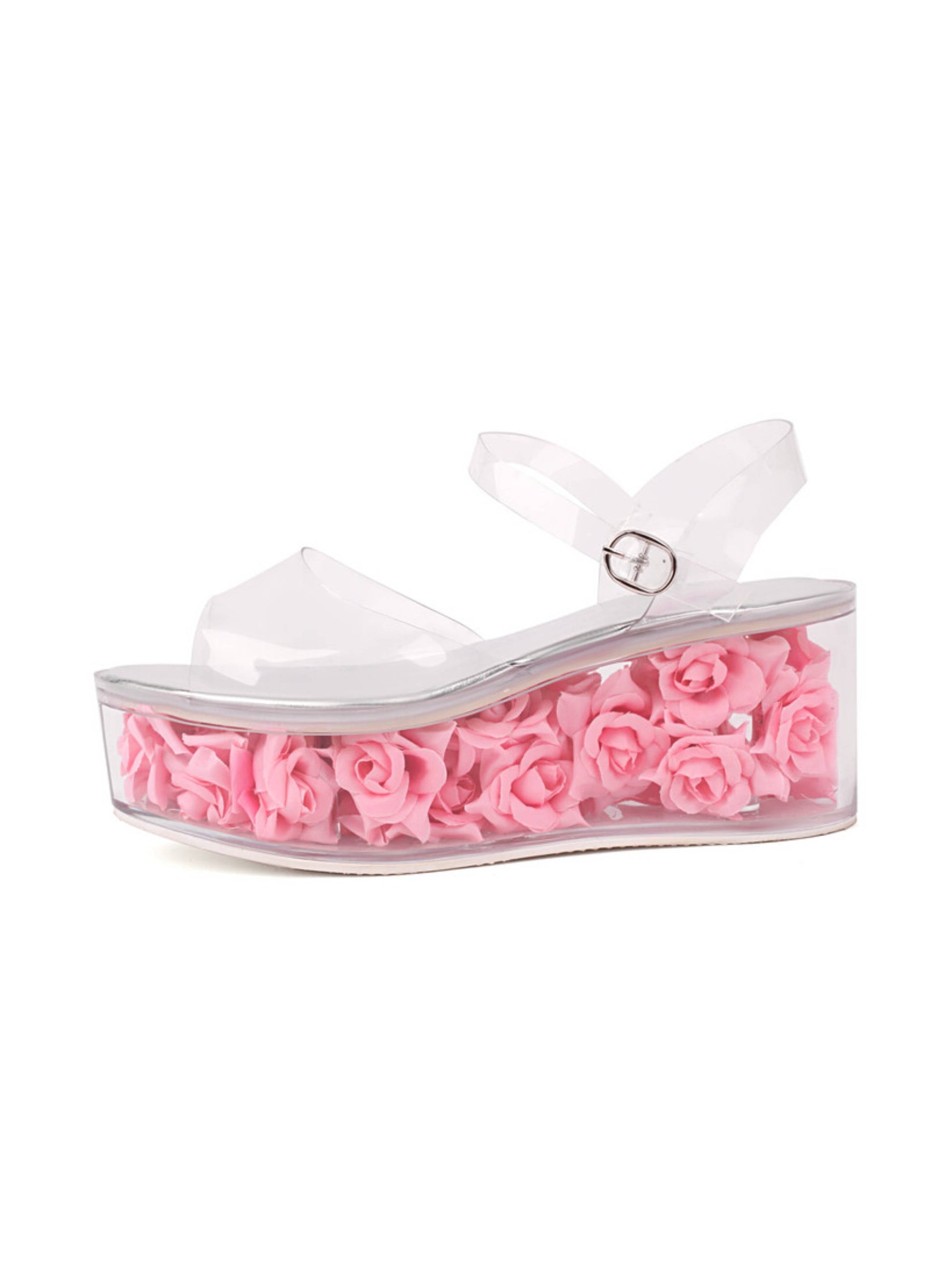 Clear sandal with pink rose design