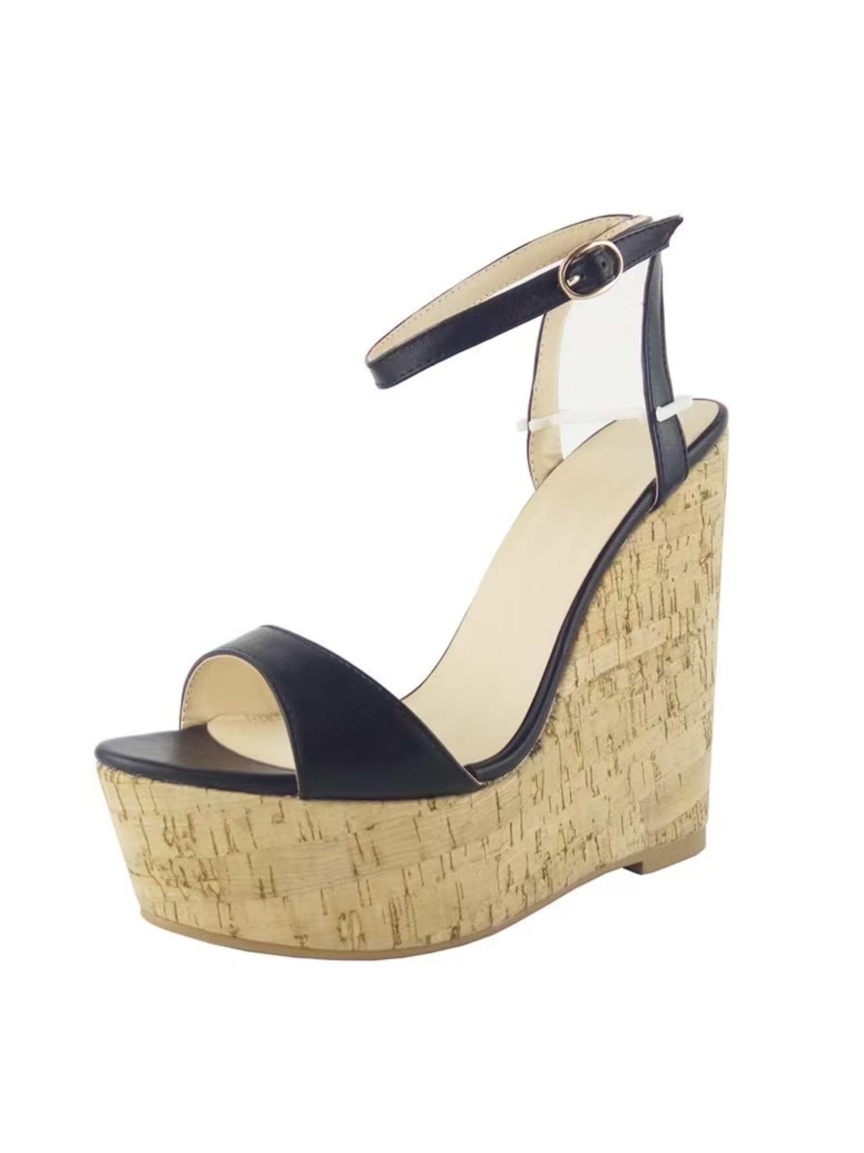 Timeless Black Cork Wedge Sandals for Women in Black