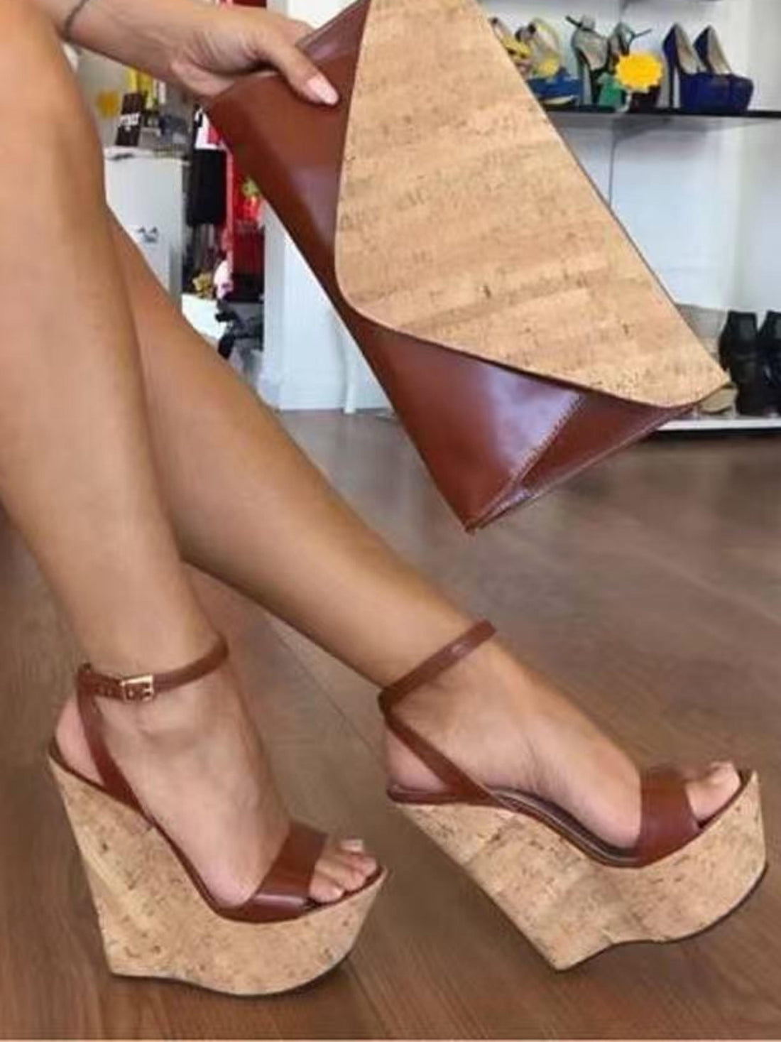 Brown Ankle Strap High Wedge Sandals for Women