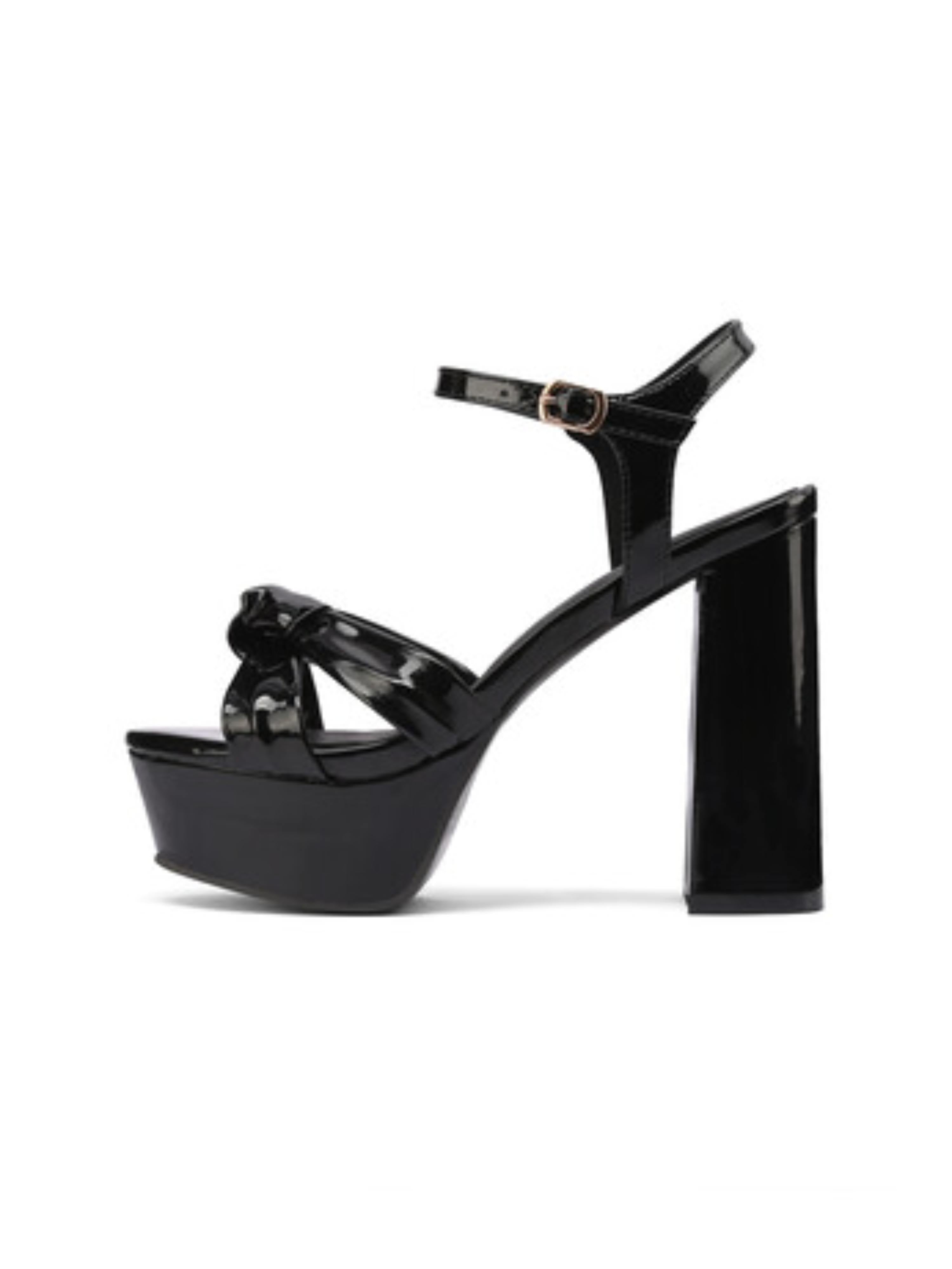 Glossy Black Patent Leather with High Block Heel Sandals for Women