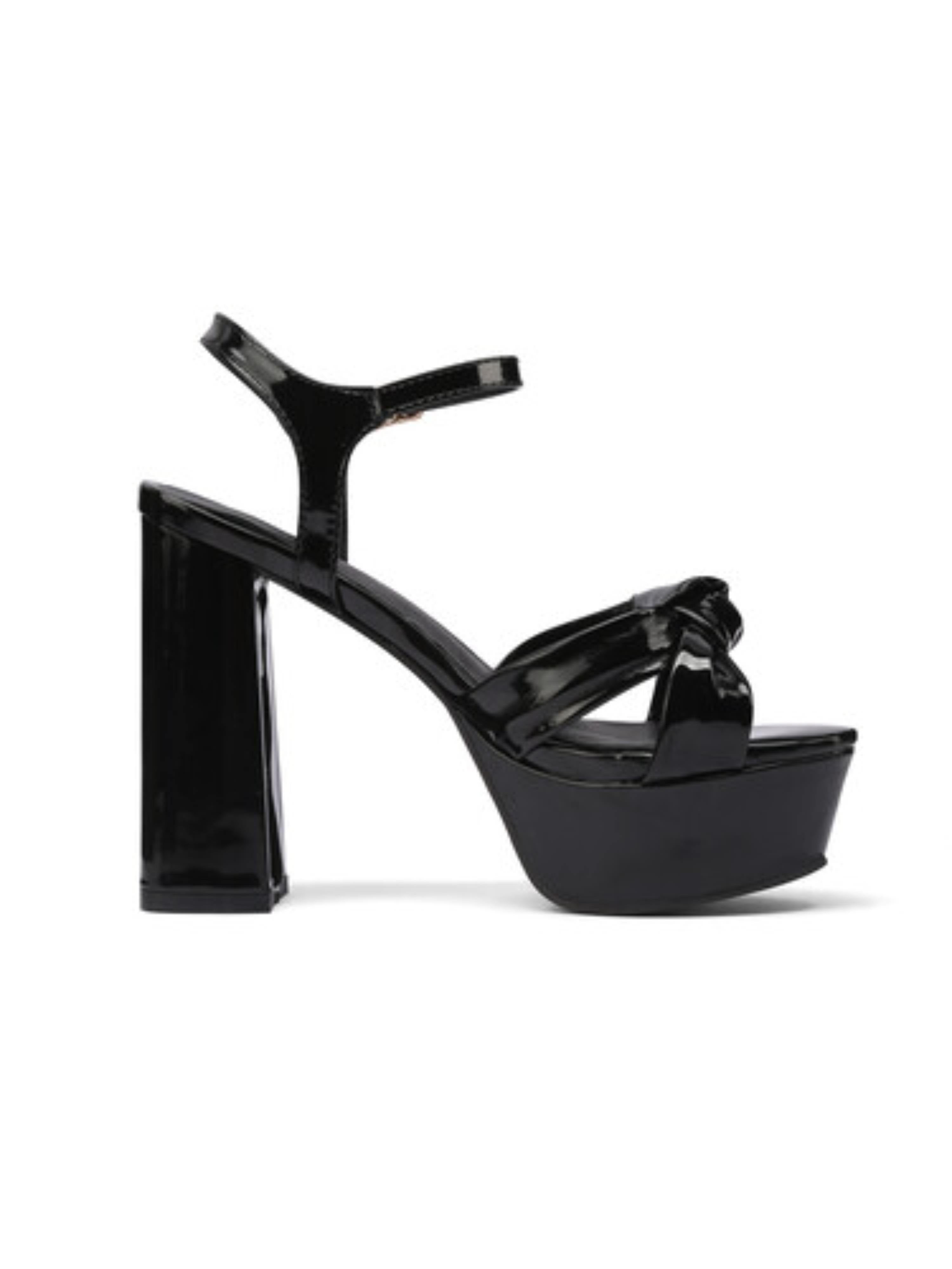 Glossy Black Patent Leather with High Block Heel Sandals for Women