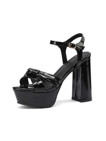 Glossy Black Patent Leather with High Block Heel Sandals for Women