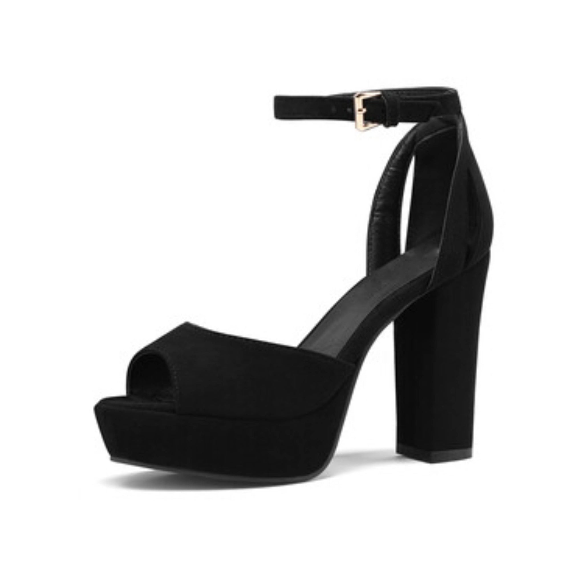 Black Suede Block High Heel Sandals for Women