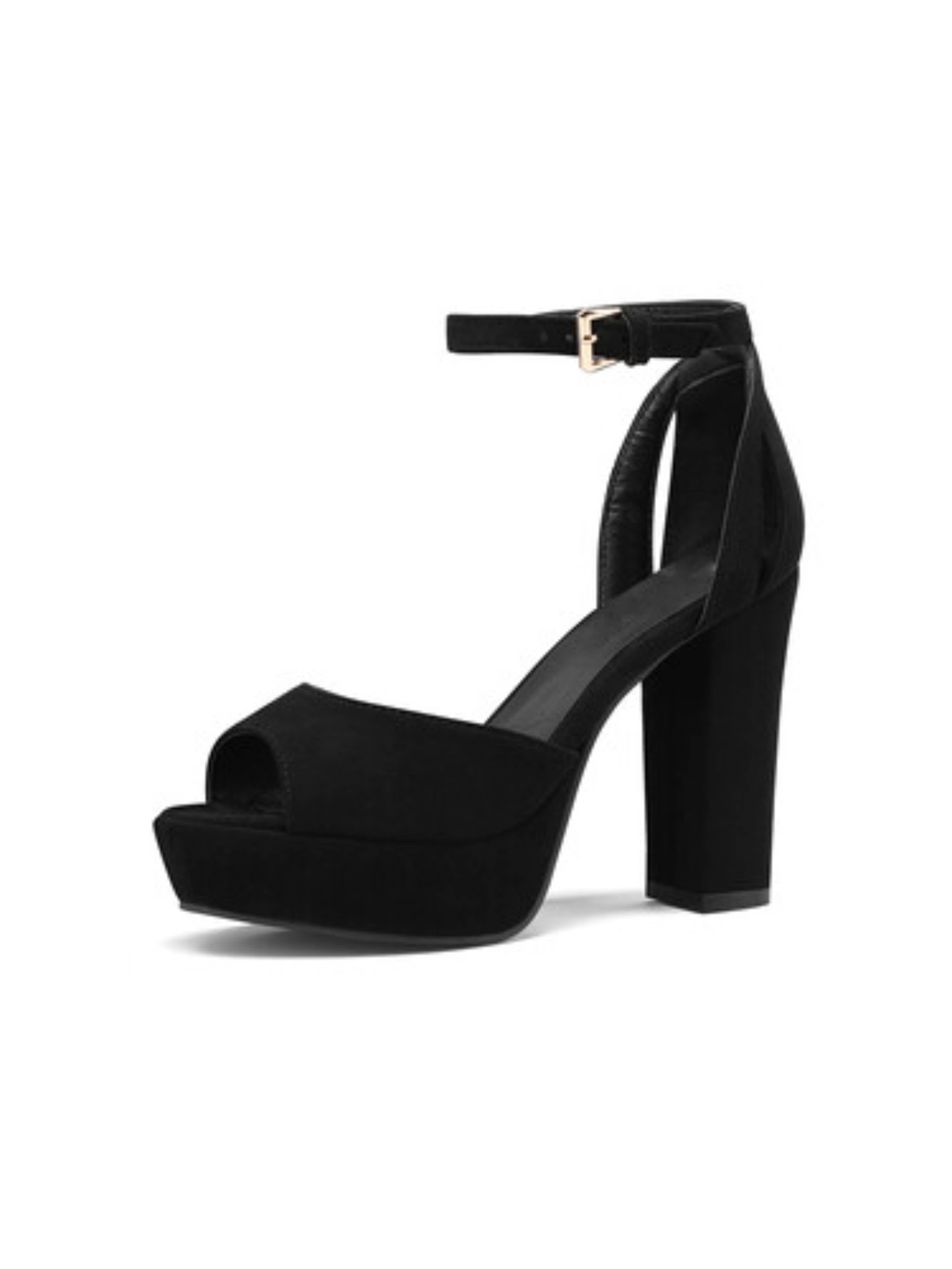 Black Suede Block High Heel Sandals for Women