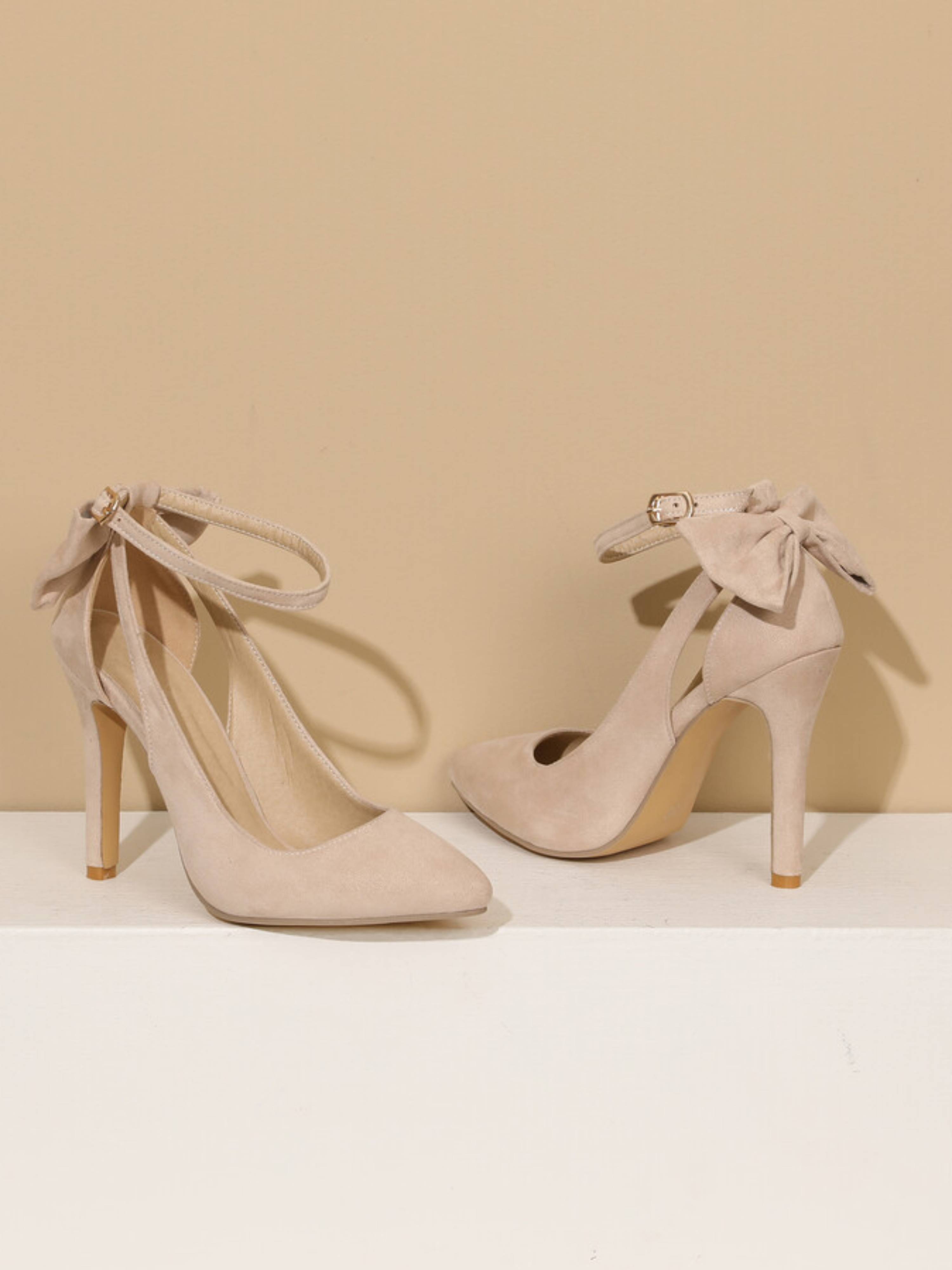 Graceful Beige Pumps with Ankle Bow Strap Sandals for Women