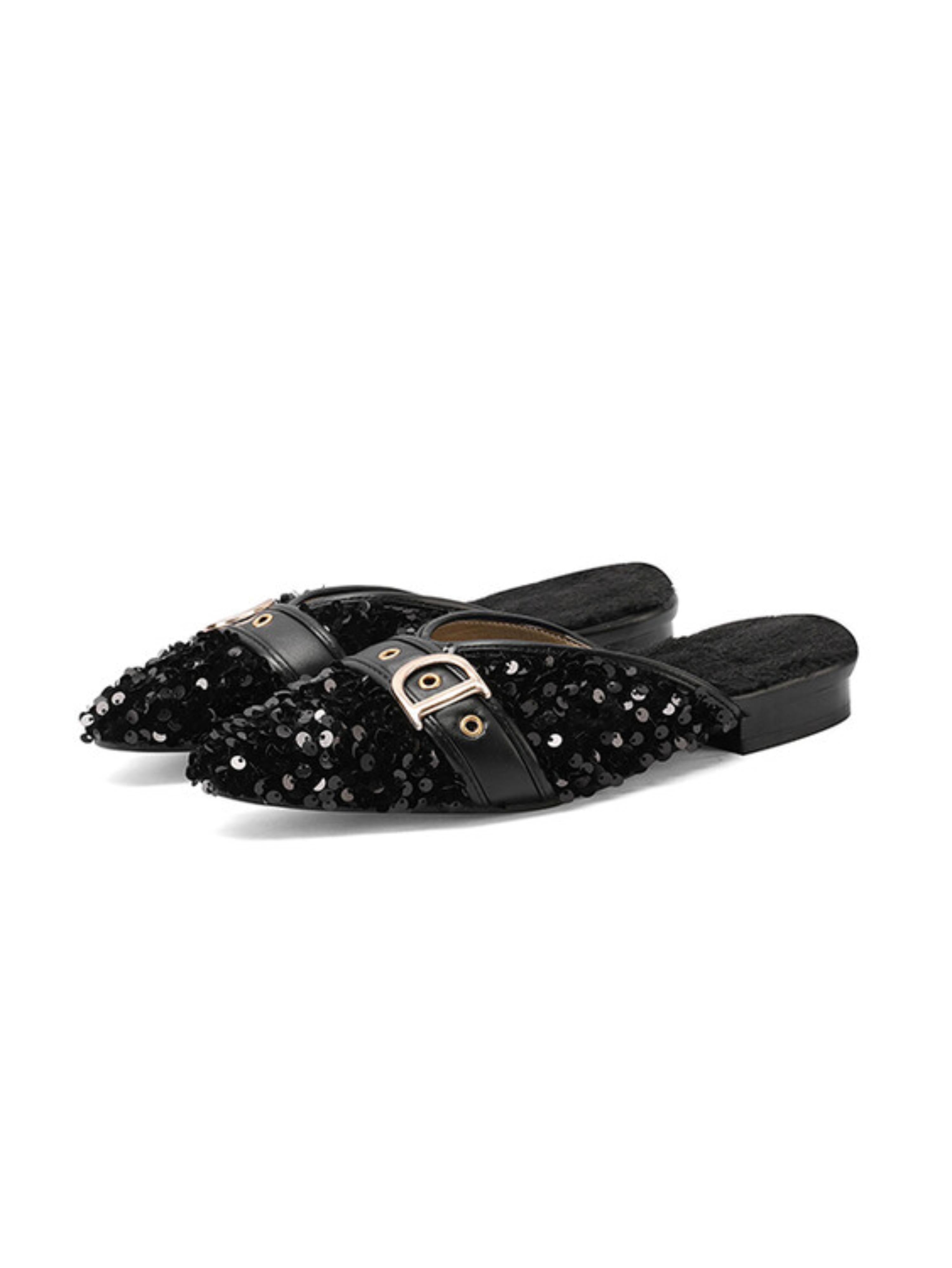 Midnight Sparkle Sequin Mules Black Sandals for Women