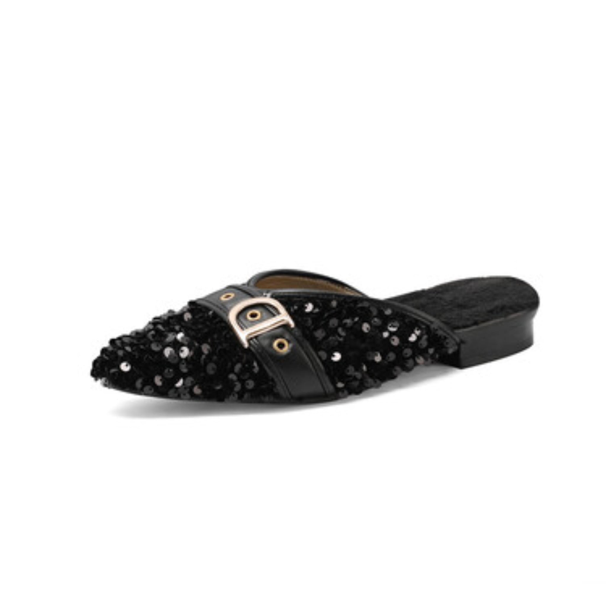 Midnight Sparkle Sequin Mules Black Sandals for Women