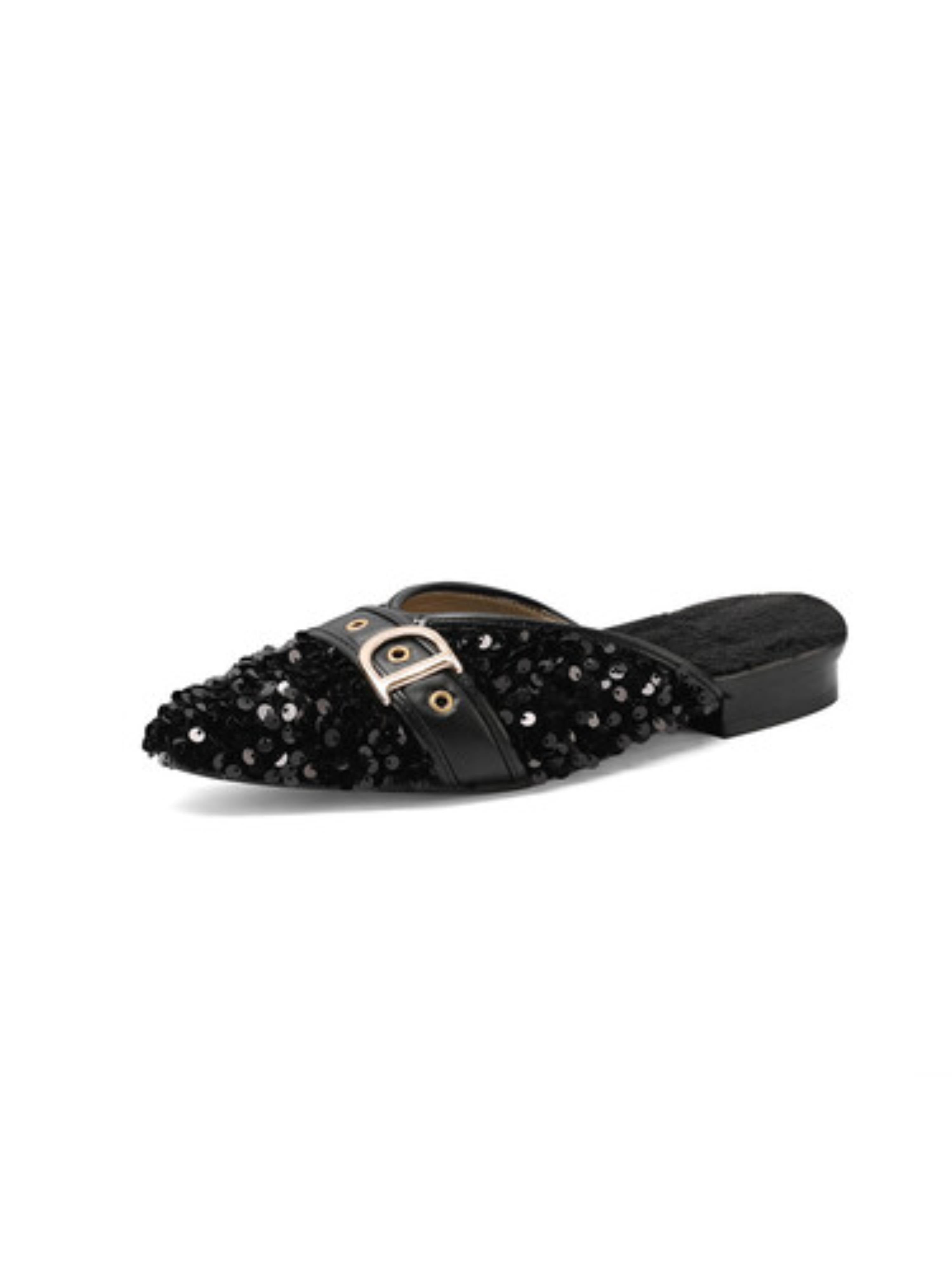 Midnight Sparkle Sequin Mules Black Sandals for Women