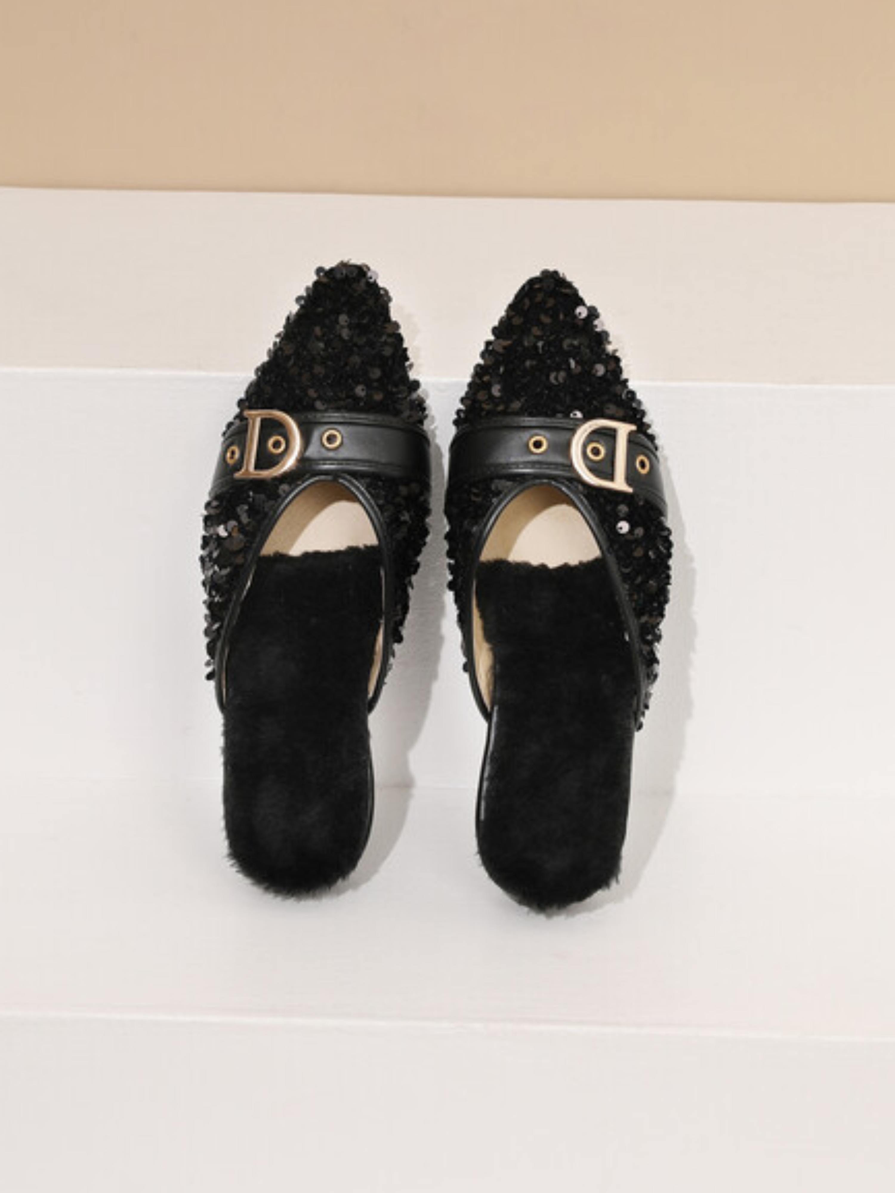 Midnight Sparkle Sequin Mules Black Sandals for Women