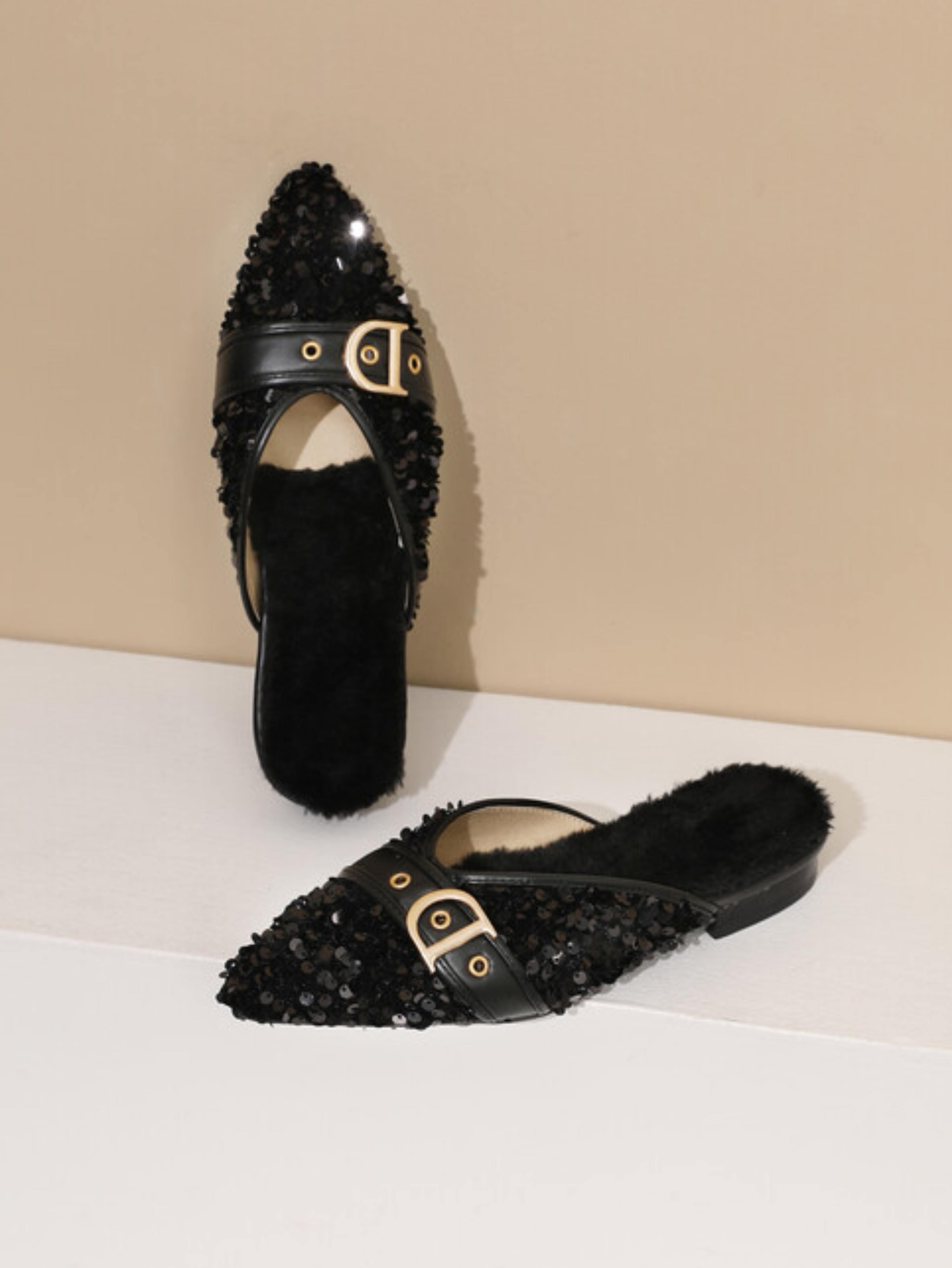 Midnight Sparkle Sequin Mules Black Sandals for Women