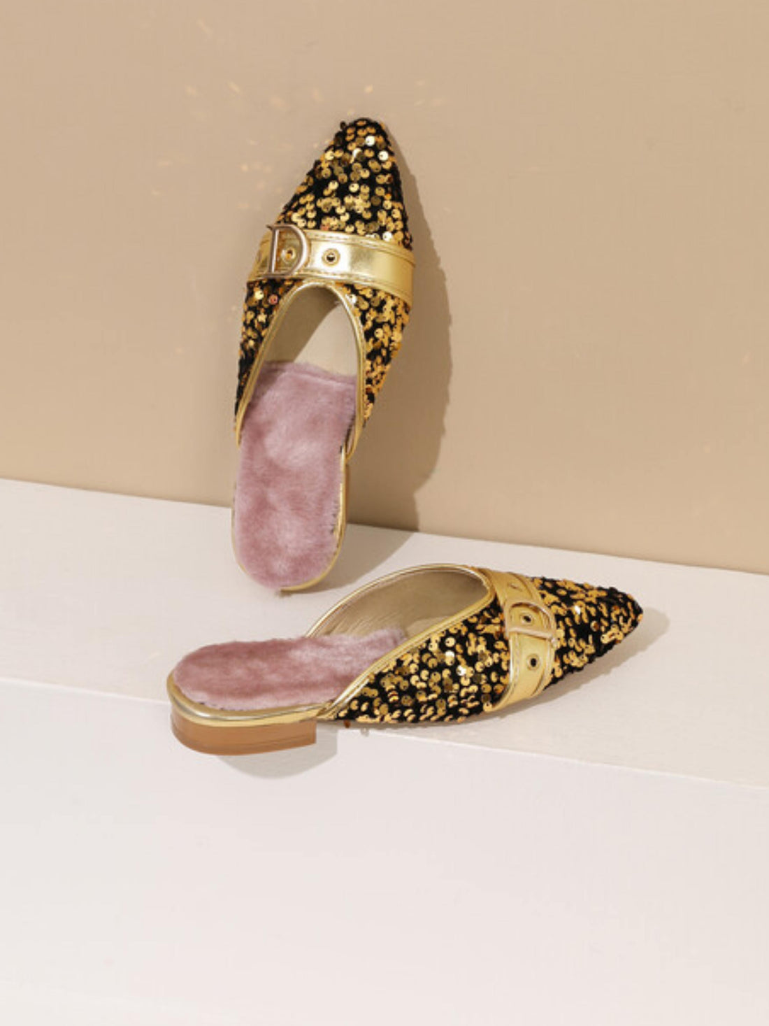 Elegant Spark Buckle Mules Gold Sandals for Women