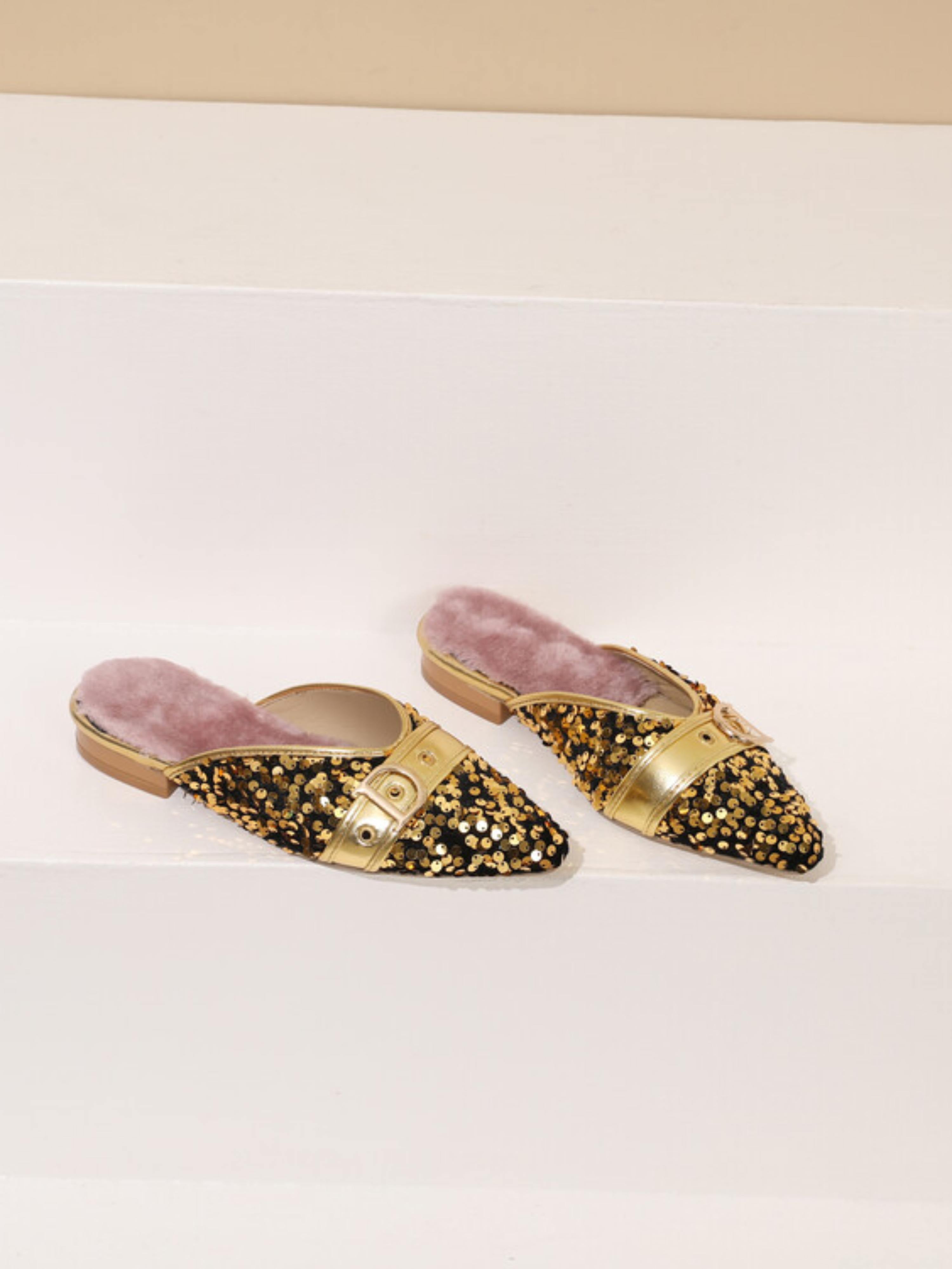 Elegant Spark Buckle Mules Gold Sandals for Women