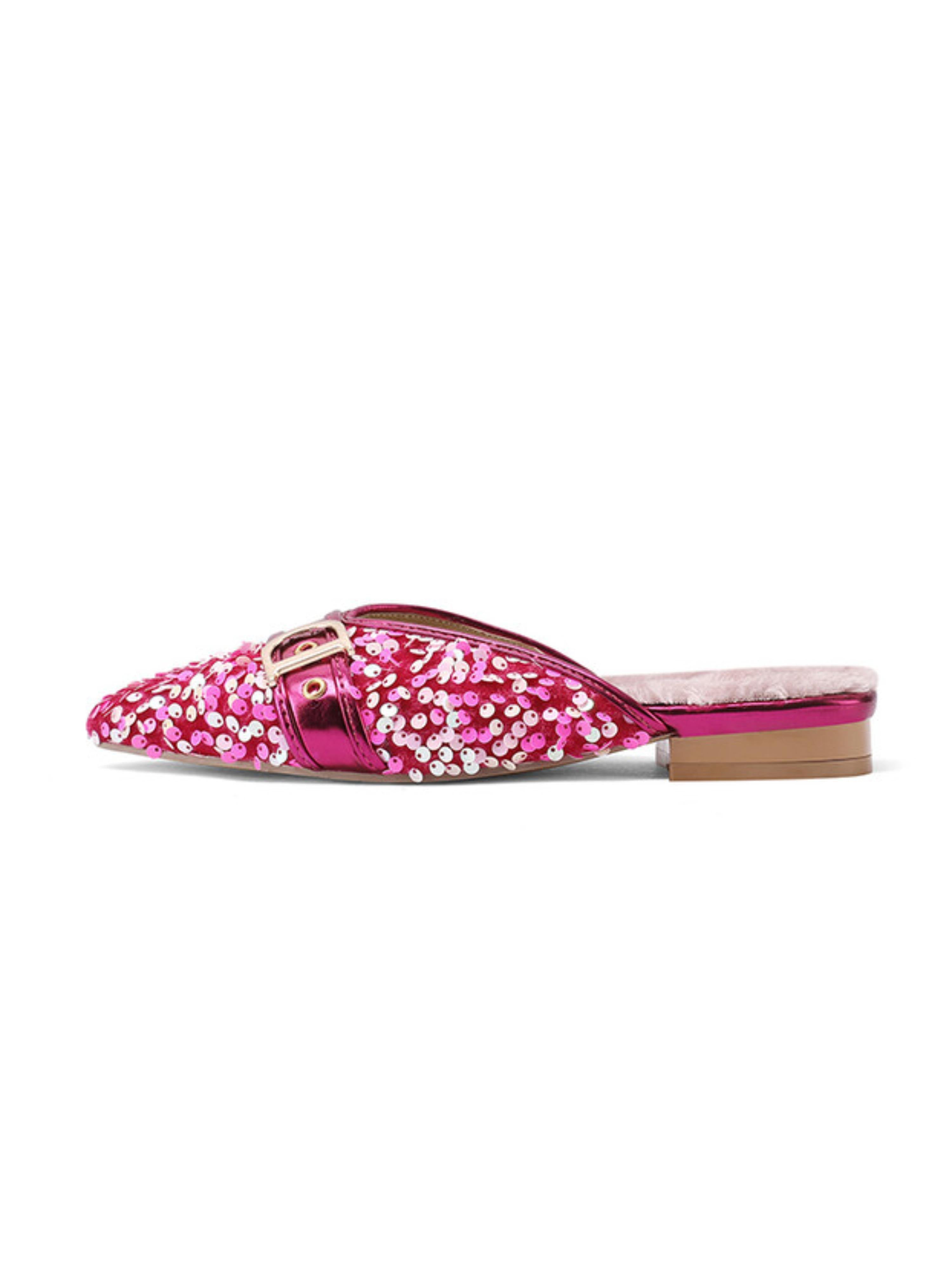 Dreamy Pink Sparkle Sequin Buckle Slip-On Flats Women