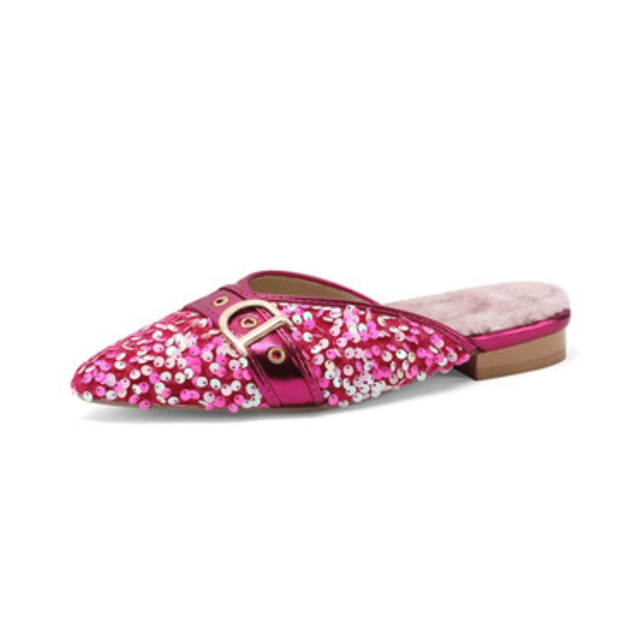 Dreamy Pink Sparkle Sequin Buckle Slip-On Flats Women