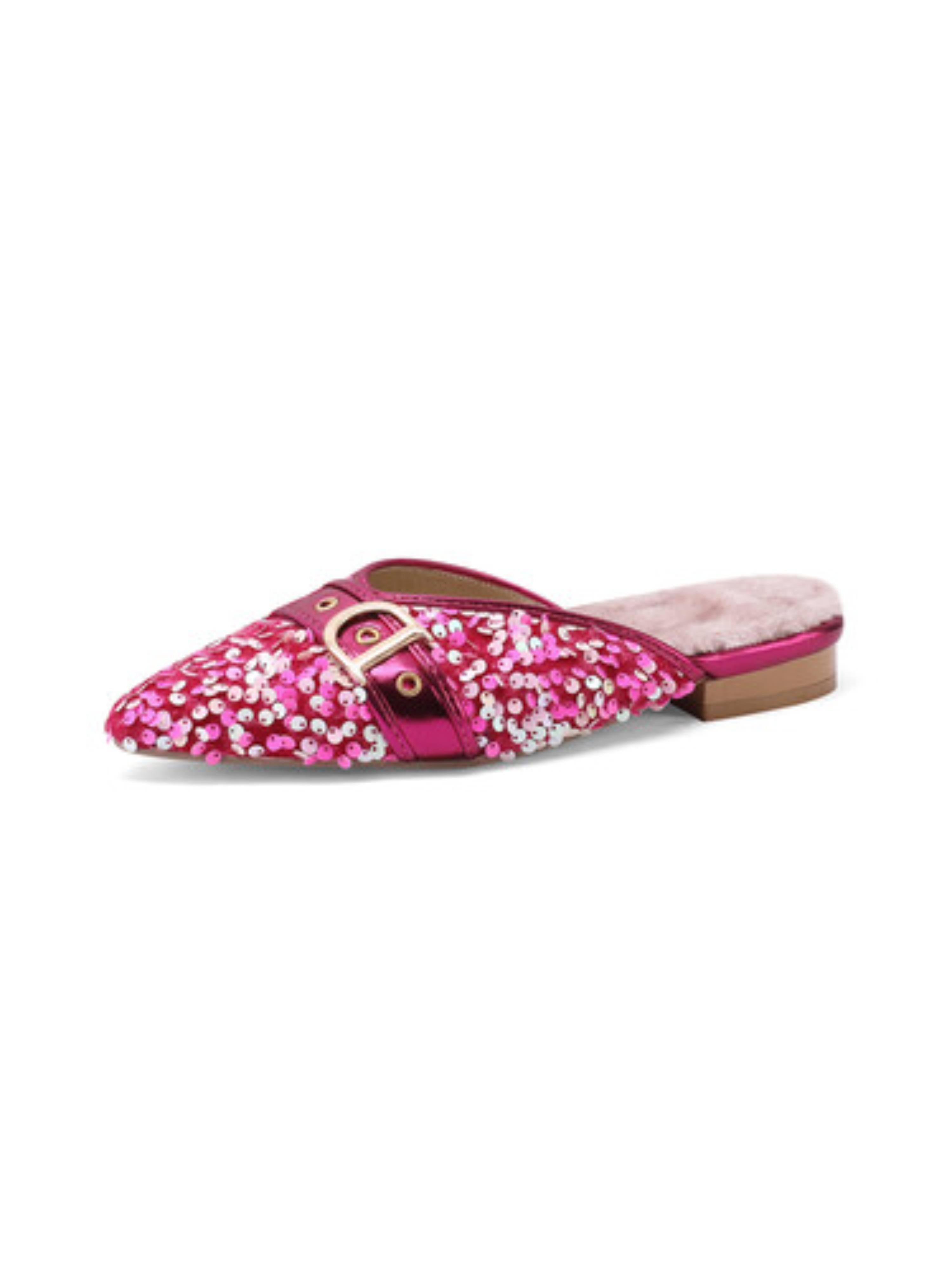 Dreamy Pink Sparkle Sequin Buckle Slip-On Flats Women