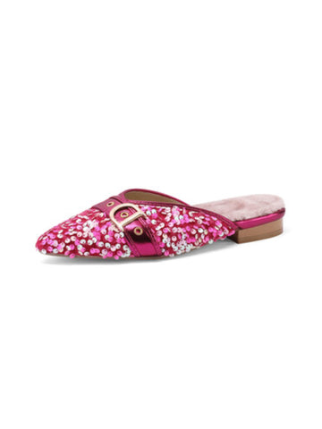 Dreamy Pink Sparkle Sequin Buckle Slip-On Flats Women