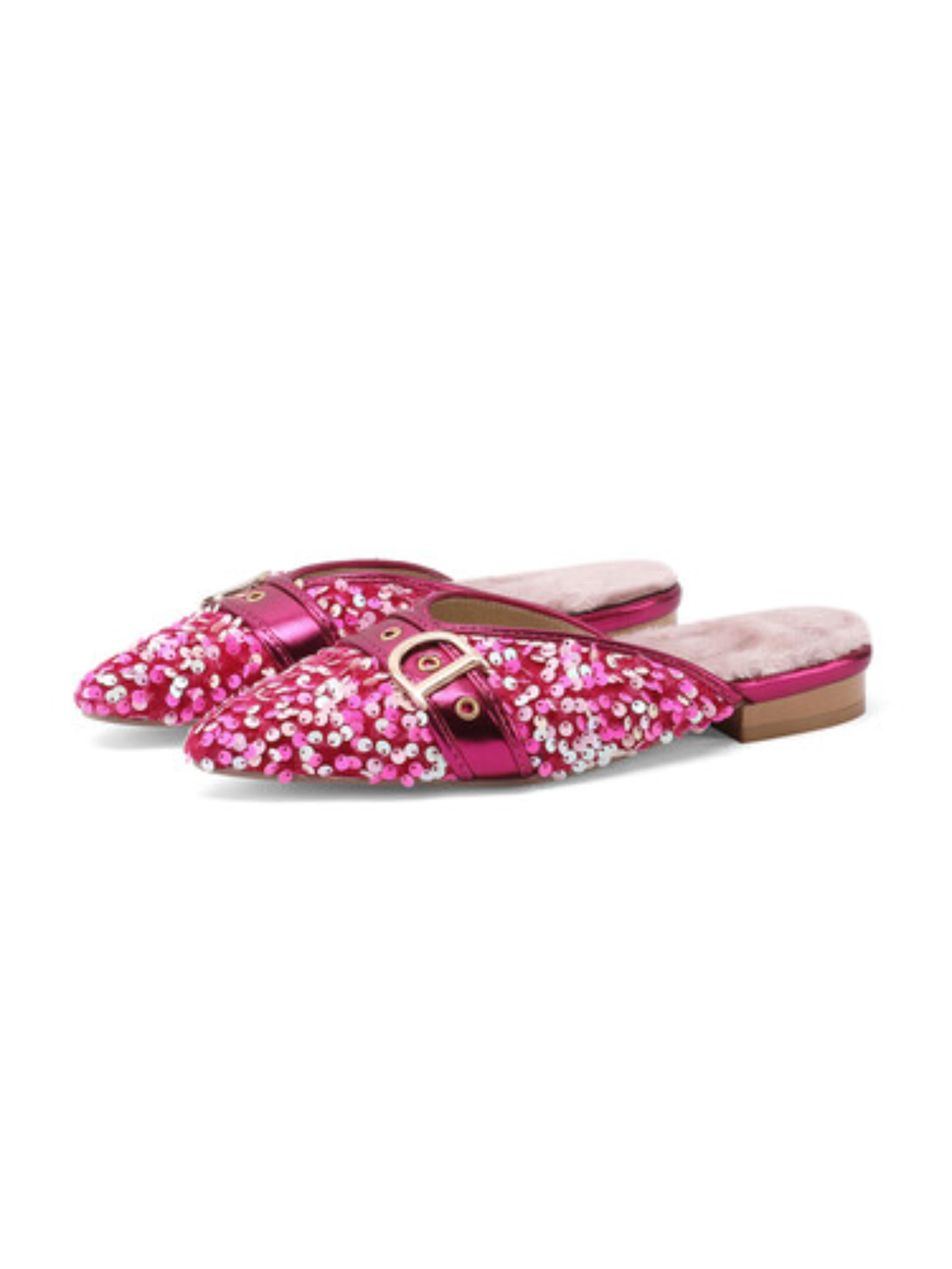 Dreamy Pink Sparkle Sequin Buckle Slip-On Flats Women