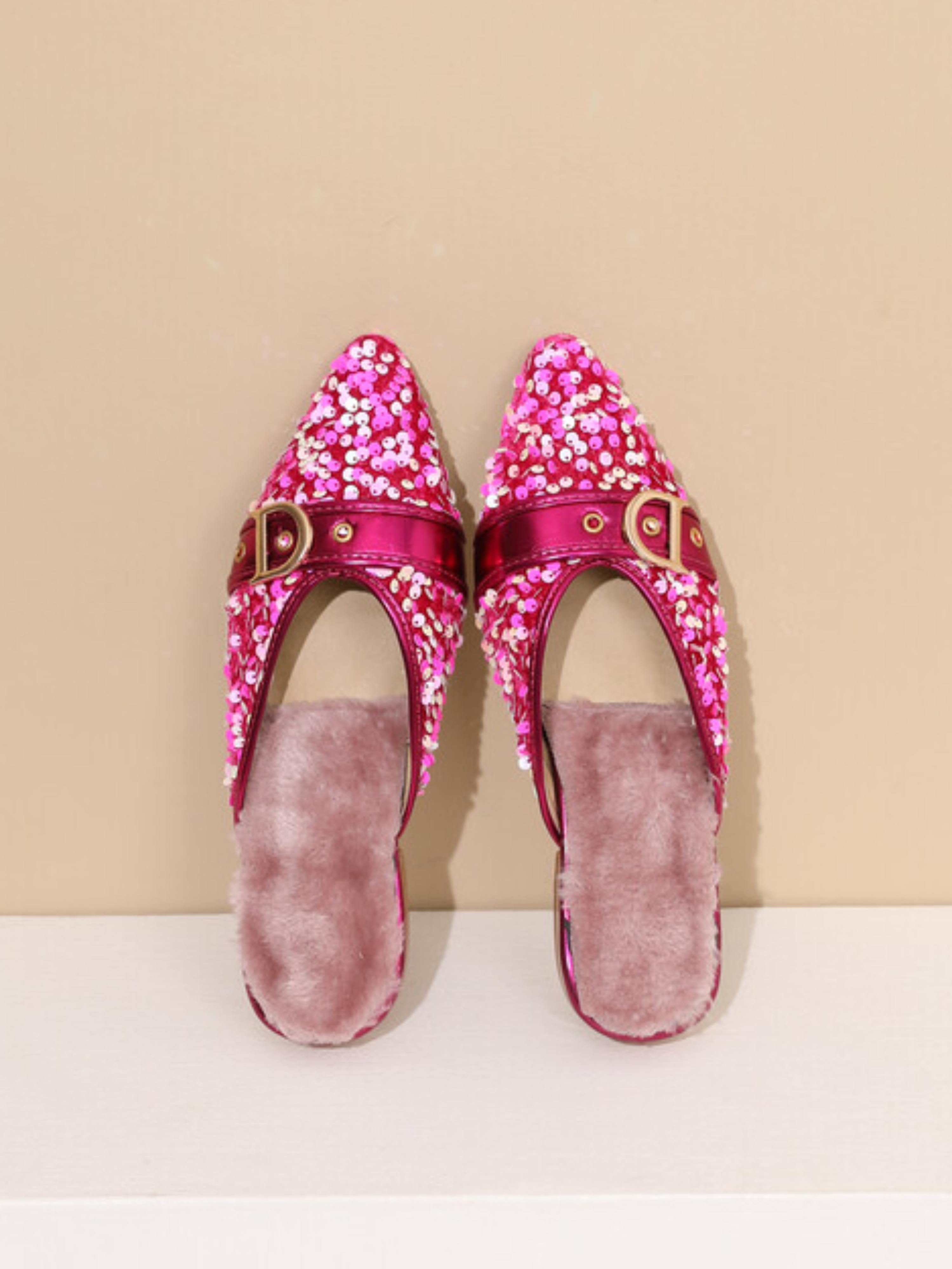 Dreamy Pink Sparkle Sequin Buckle Slip-On Flats Women