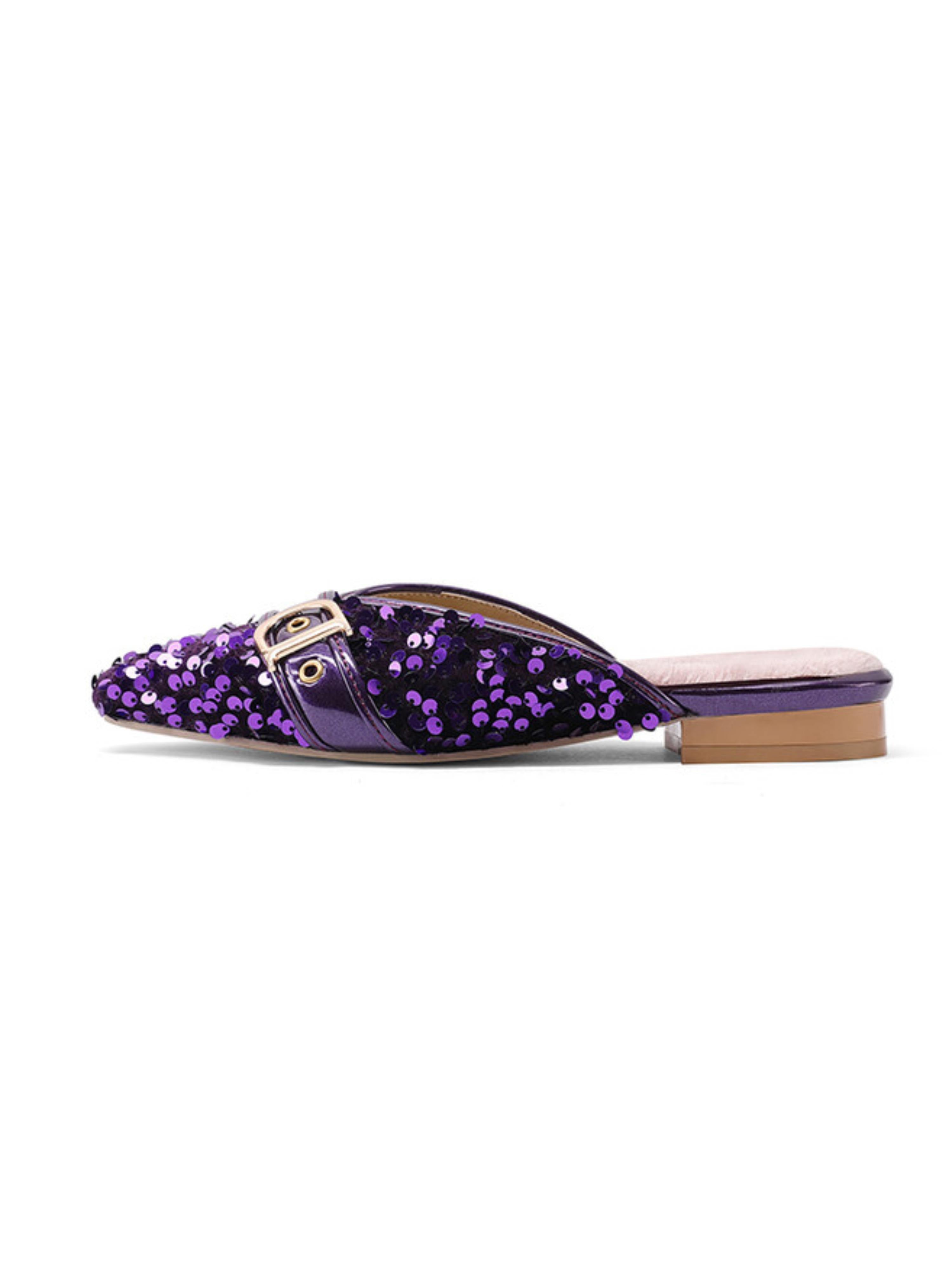 Purple Luxe Sequin Mules Flat Sandals for Women