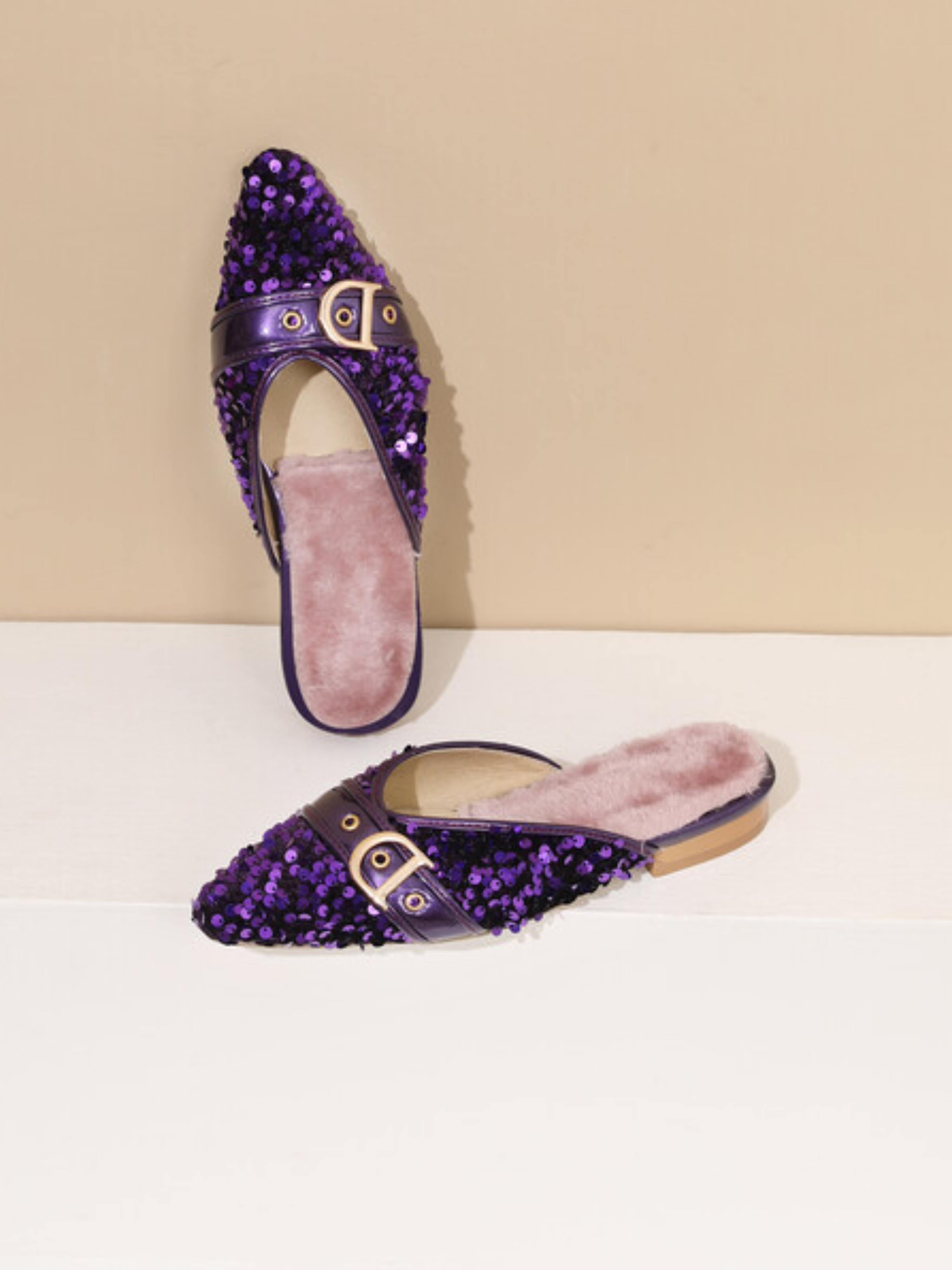 Purple Luxe Sequin Mules Flat Sandals for Women