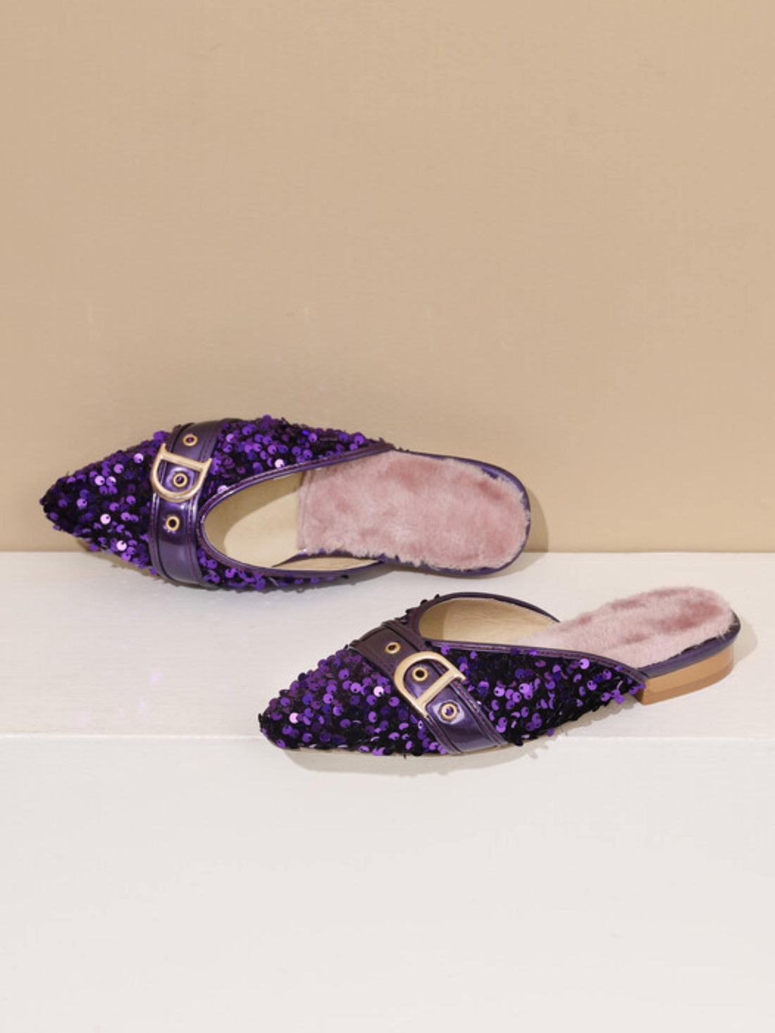 Purple Luxe Sequin Mules Flat Sandals for Women