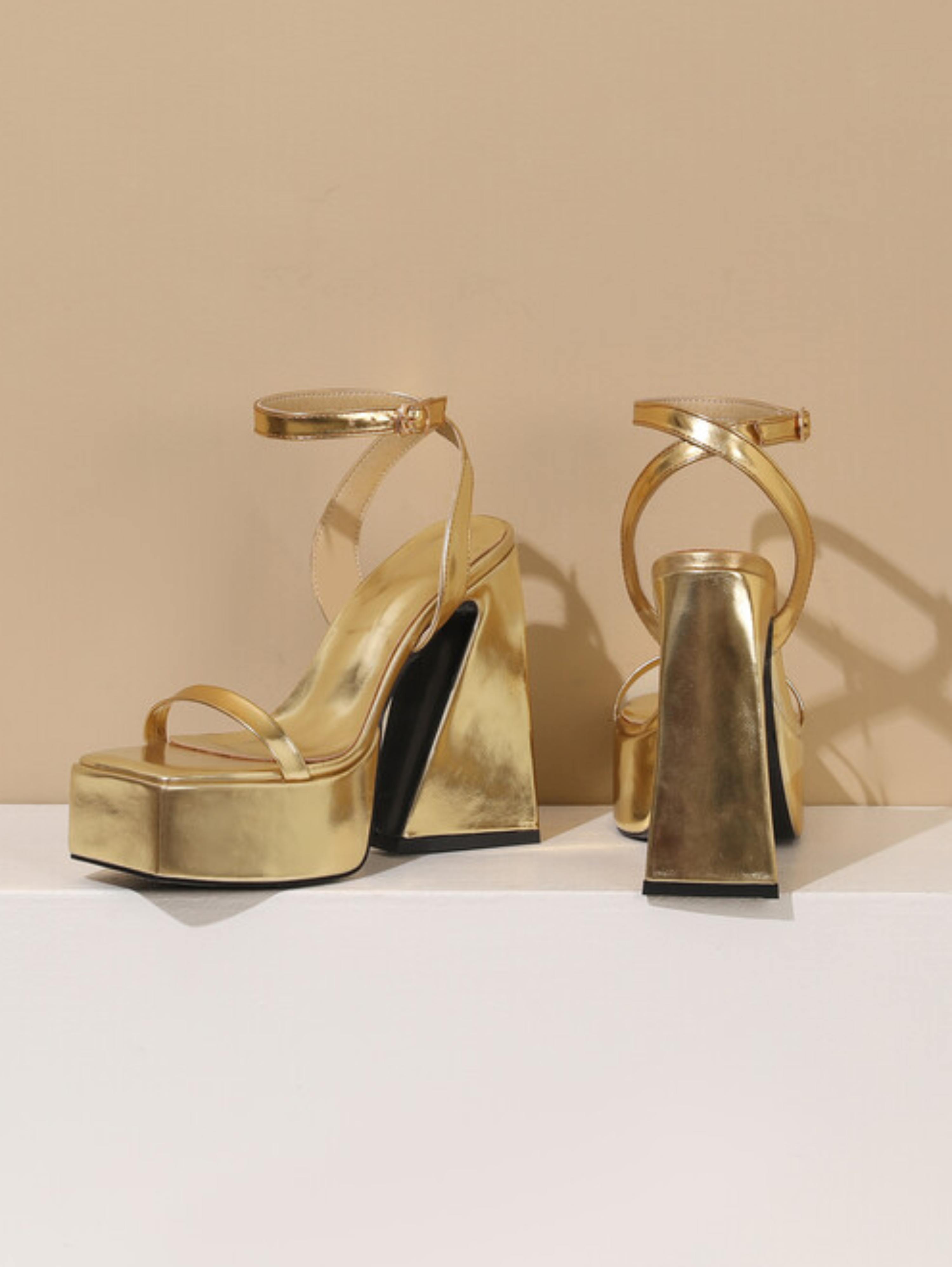Luxe Square Toe Platform Block Heels Women's Gold Sandals