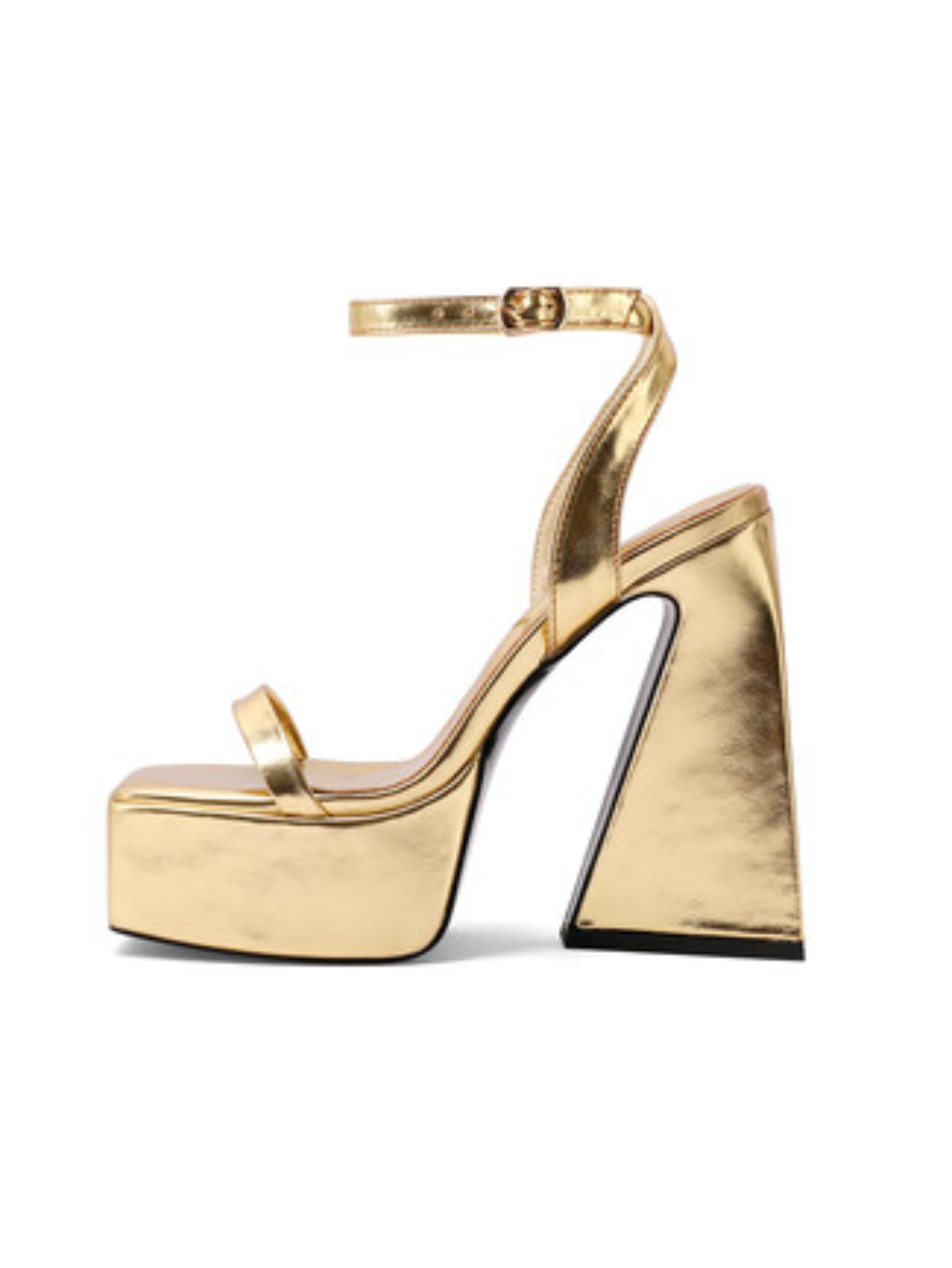 Luxe Square Toe Platform Block Heels Women's Gold Sandals