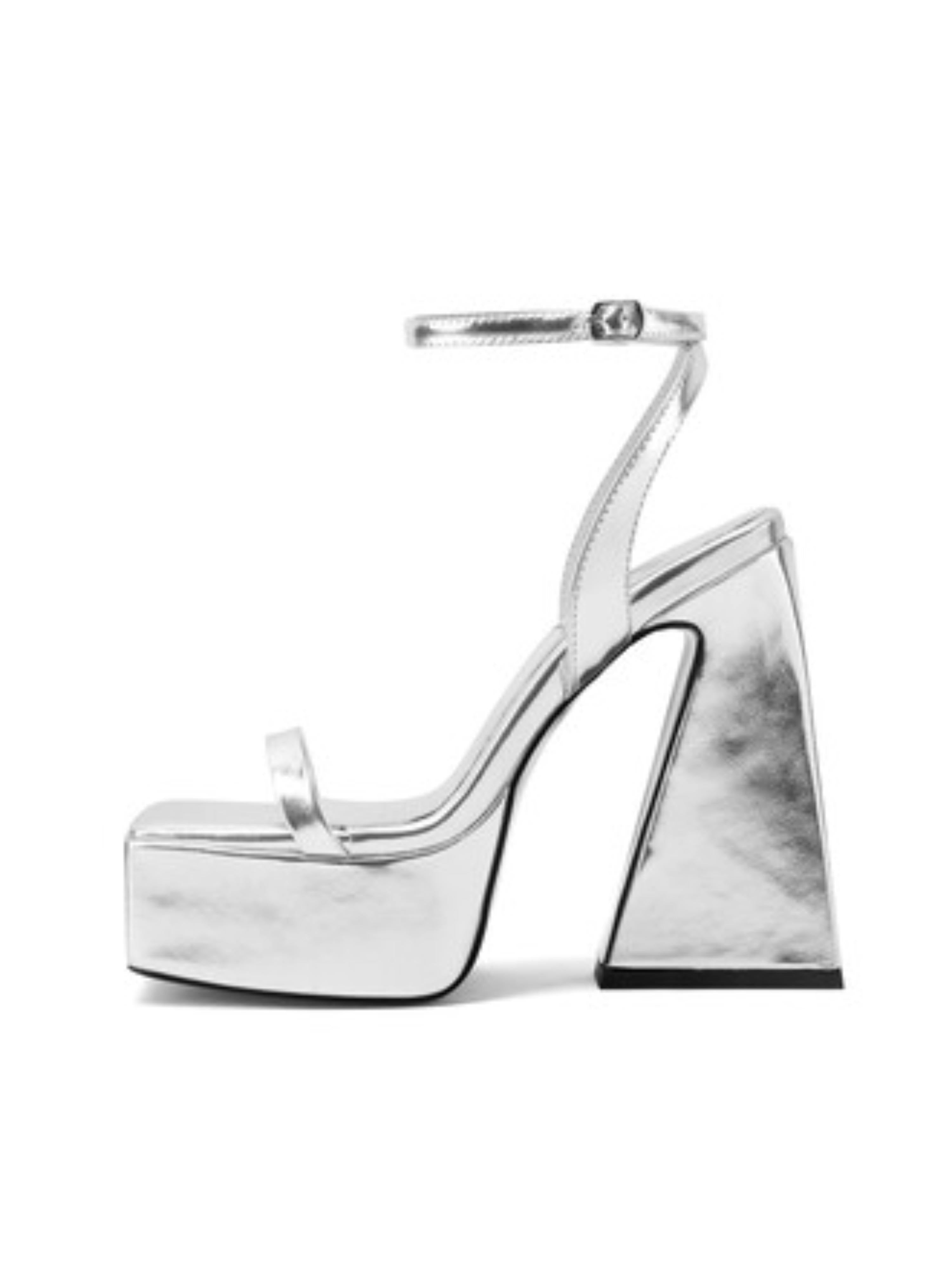 Square Toe Chunky Block Heel Silver Sandals for Women