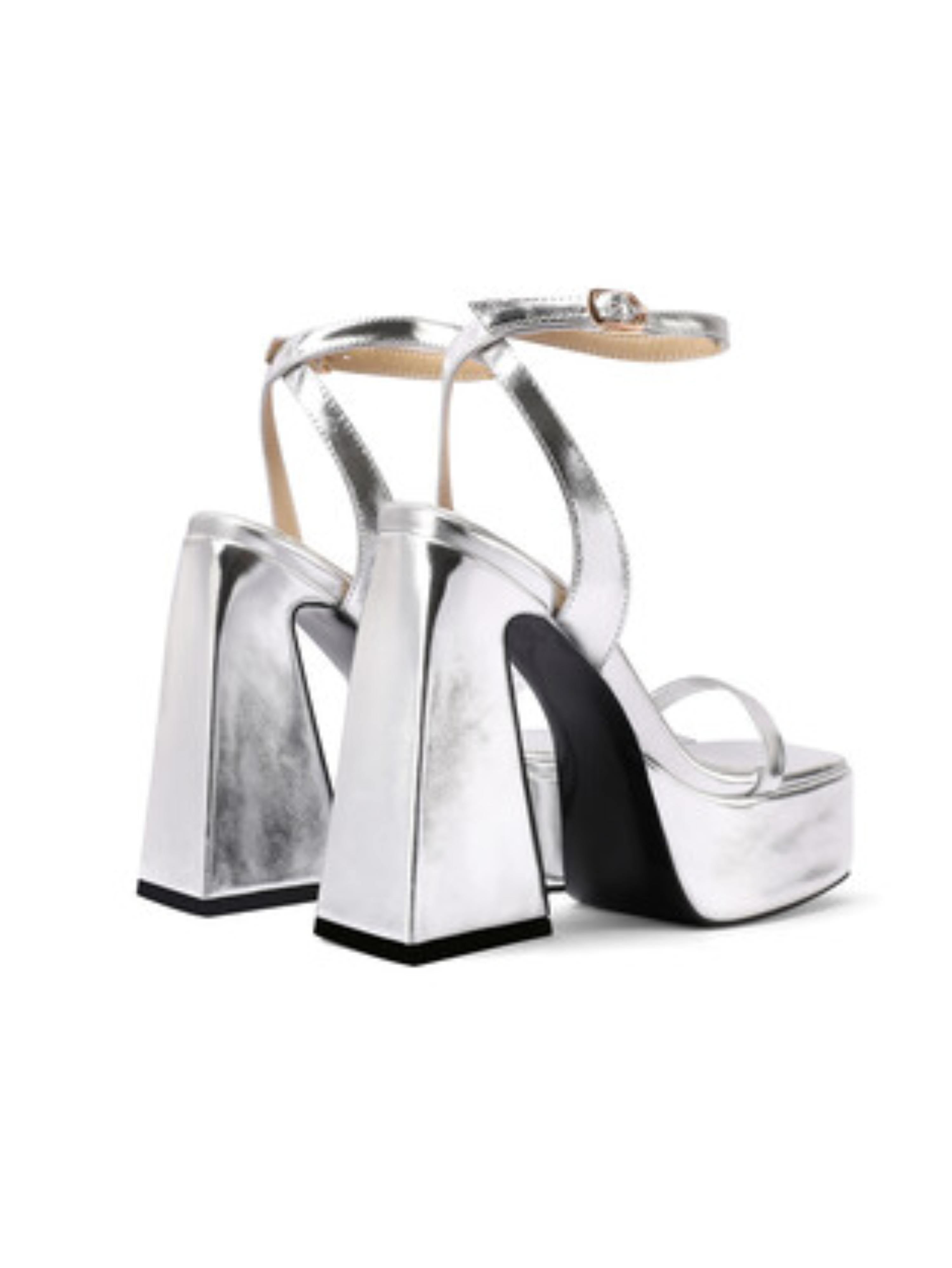 Square Toe Chunky Block Heel Silver Sandals for Women