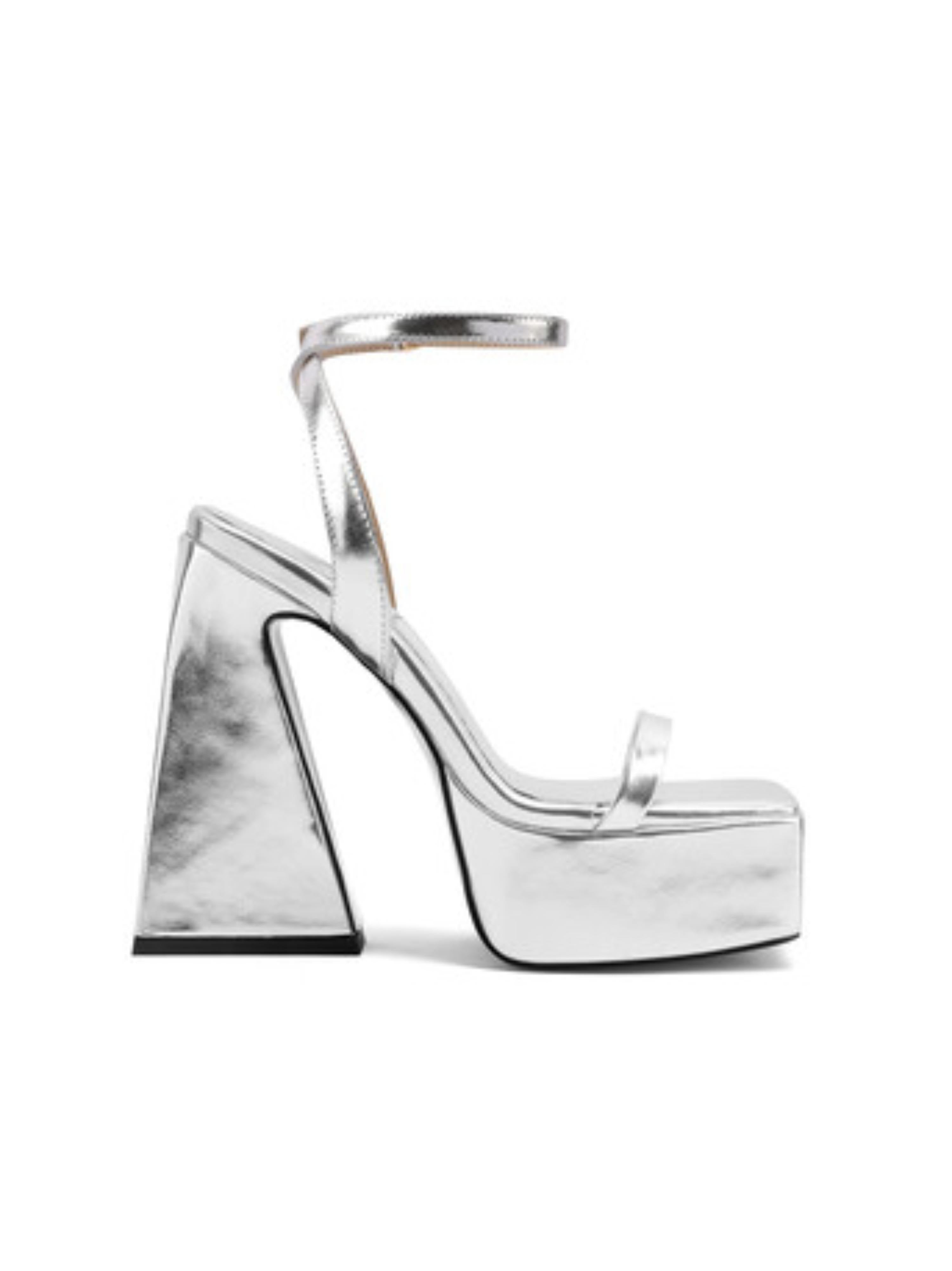 Square Toe Chunky Block Heel Silver Sandals for Women