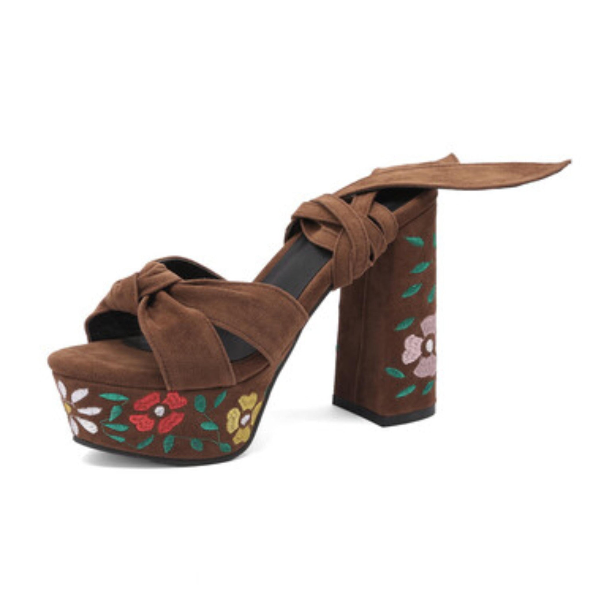 Knotted Front and Floral Embroidery Women's Brown Sandals