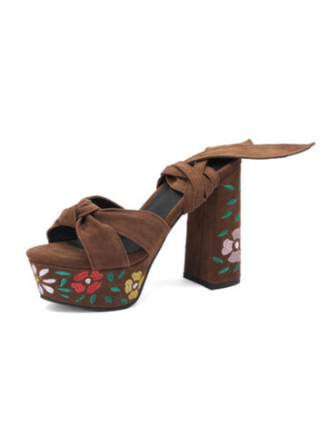 Knotted Front and Floral Embroidery Women's Brown Sandals