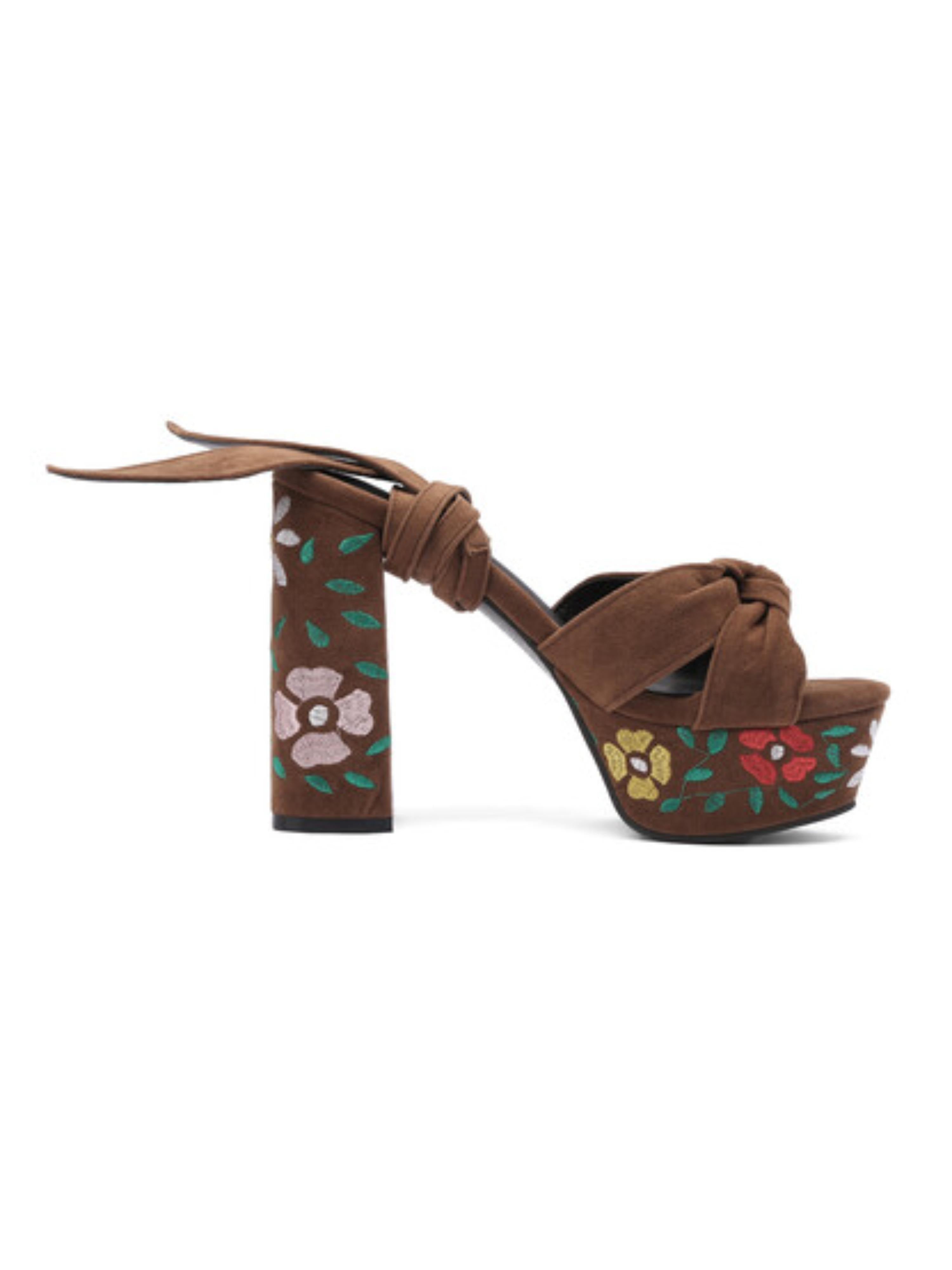 Knotted Front and Floral Embroidery Women's Brown Sandals