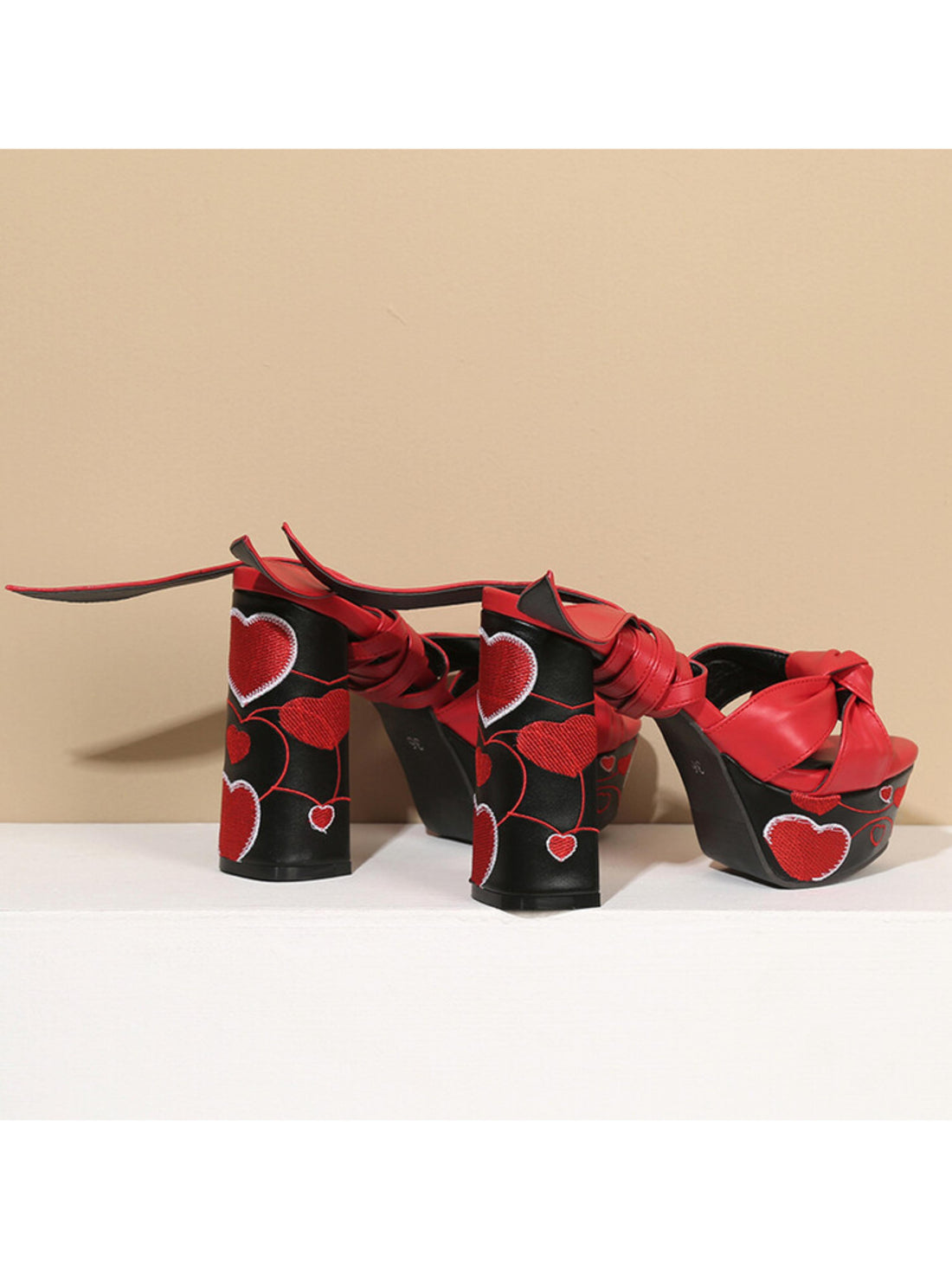 Playful Heart Embroidery Bold Red Sandals for Women