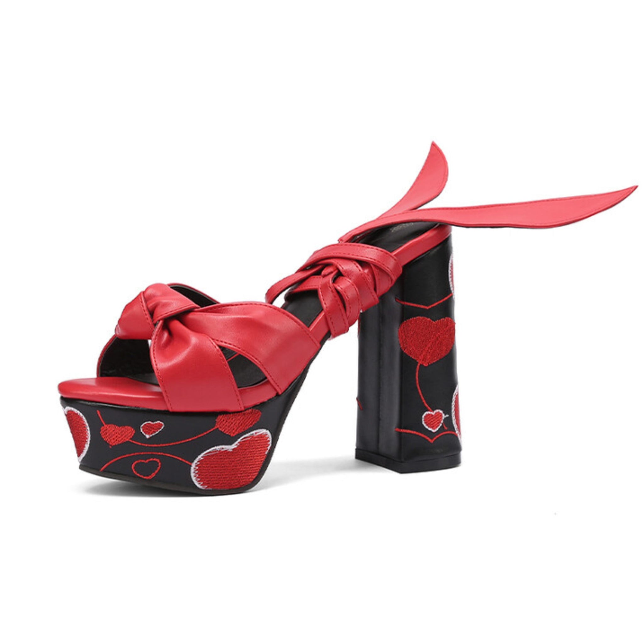 Playful Heart Embroidery Bold Red Sandals for Women