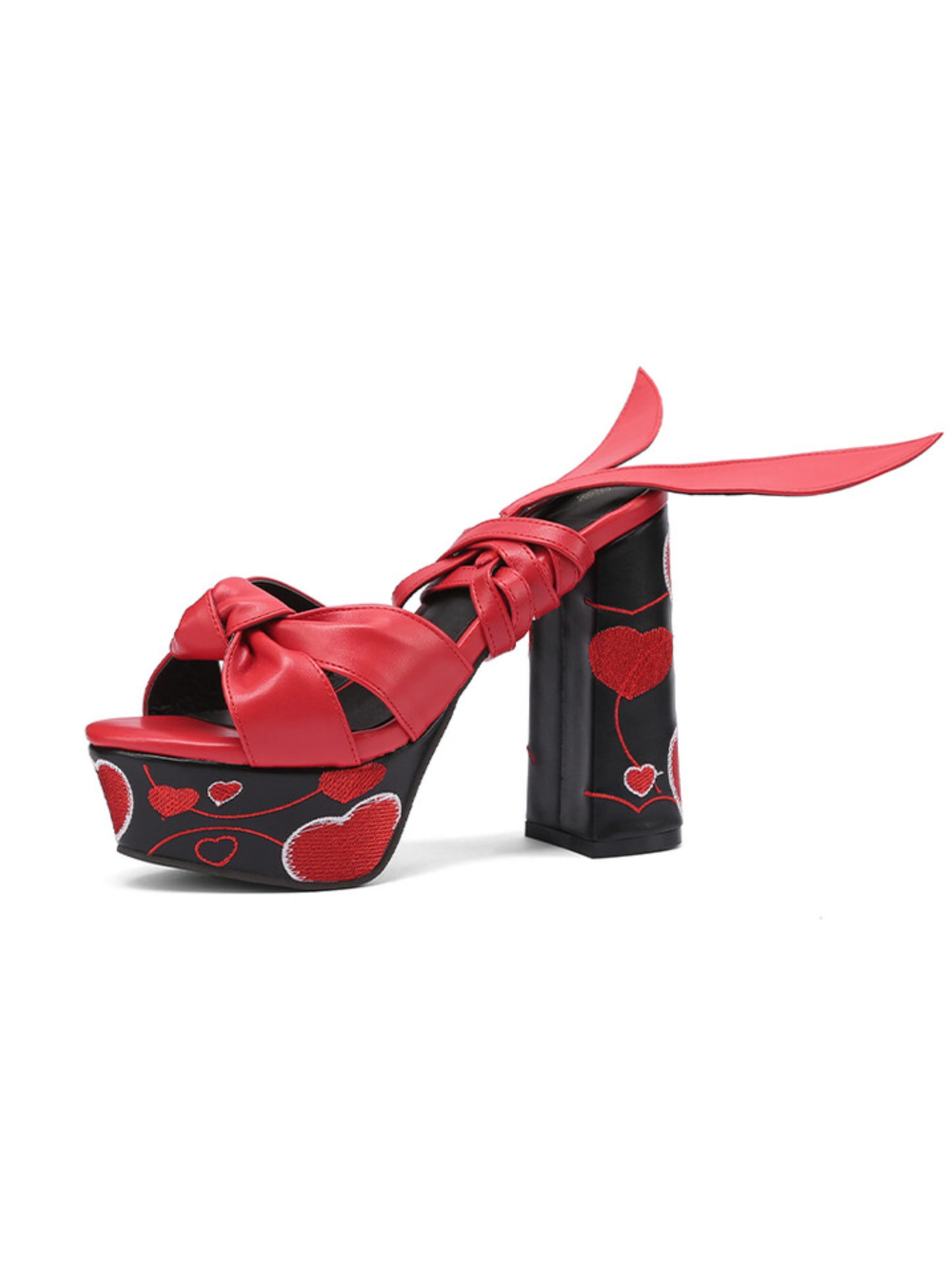 Playful Heart Embroidery Bold Red Sandals for Women