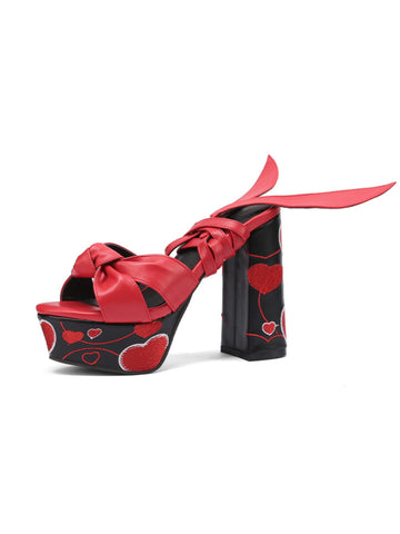 Playful Heart Embroidery Bold Red Sandals for Women