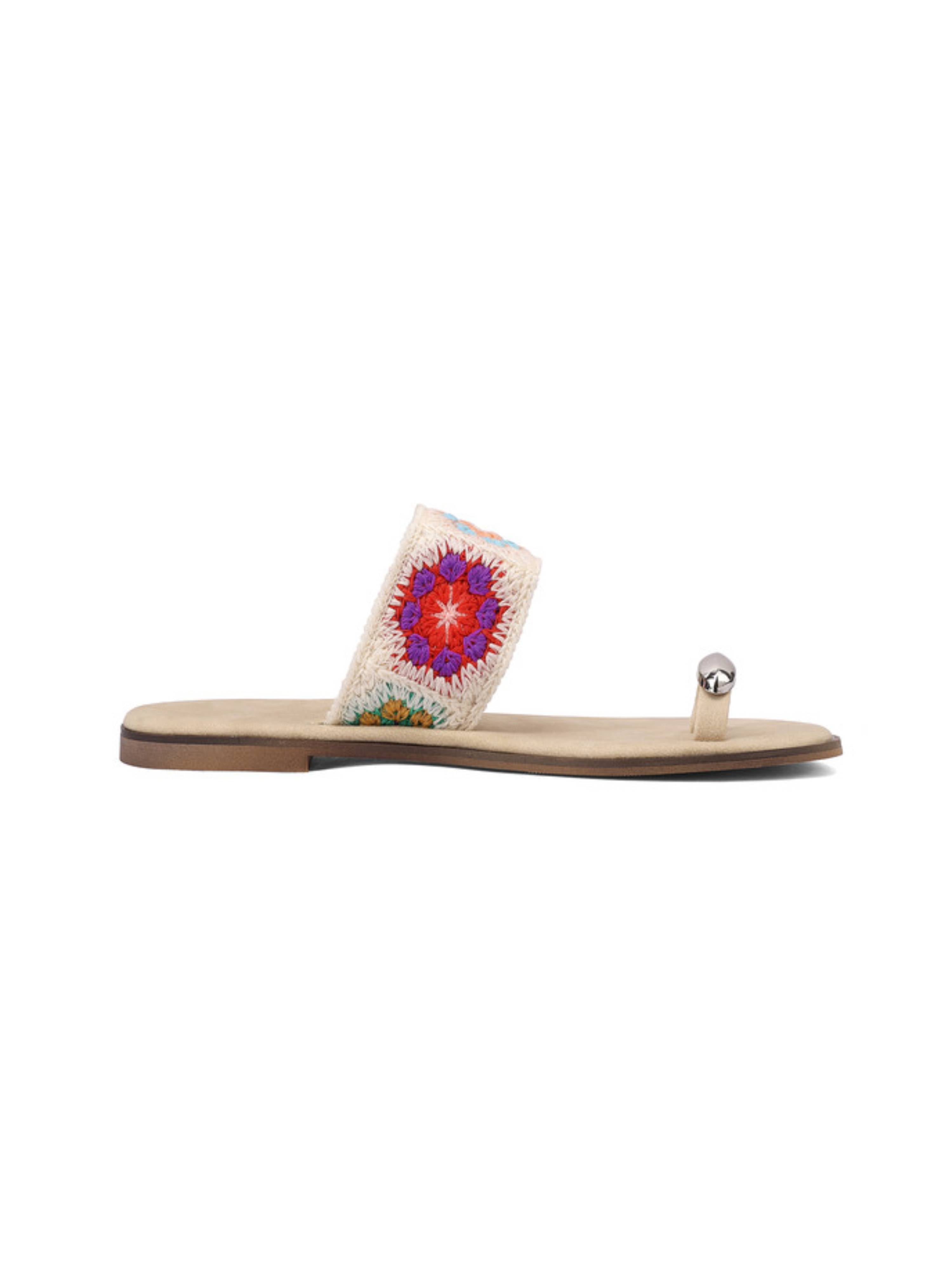 Floral Crochet Toe-Ring Slip-On Flat Sandals Women