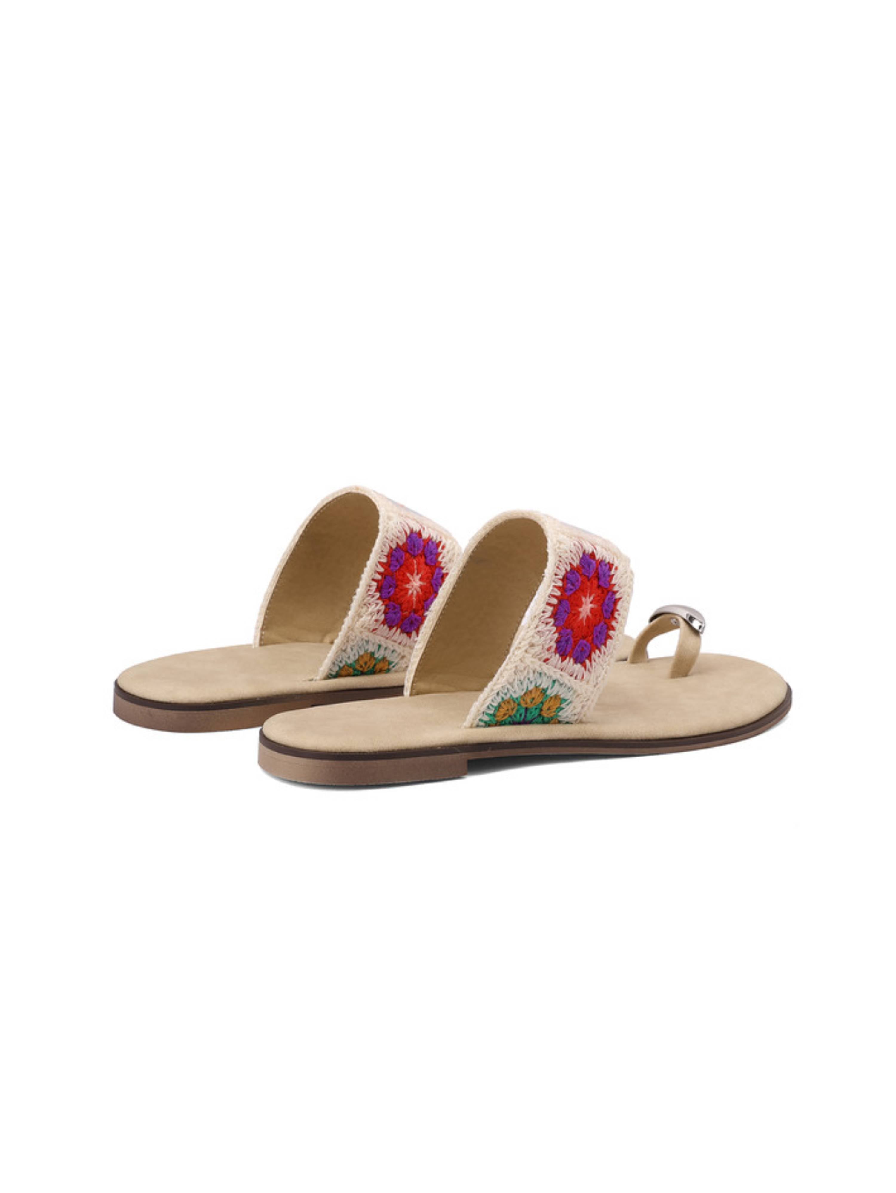 Floral Crochet Toe-Ring Slip-On Flat Sandals Women