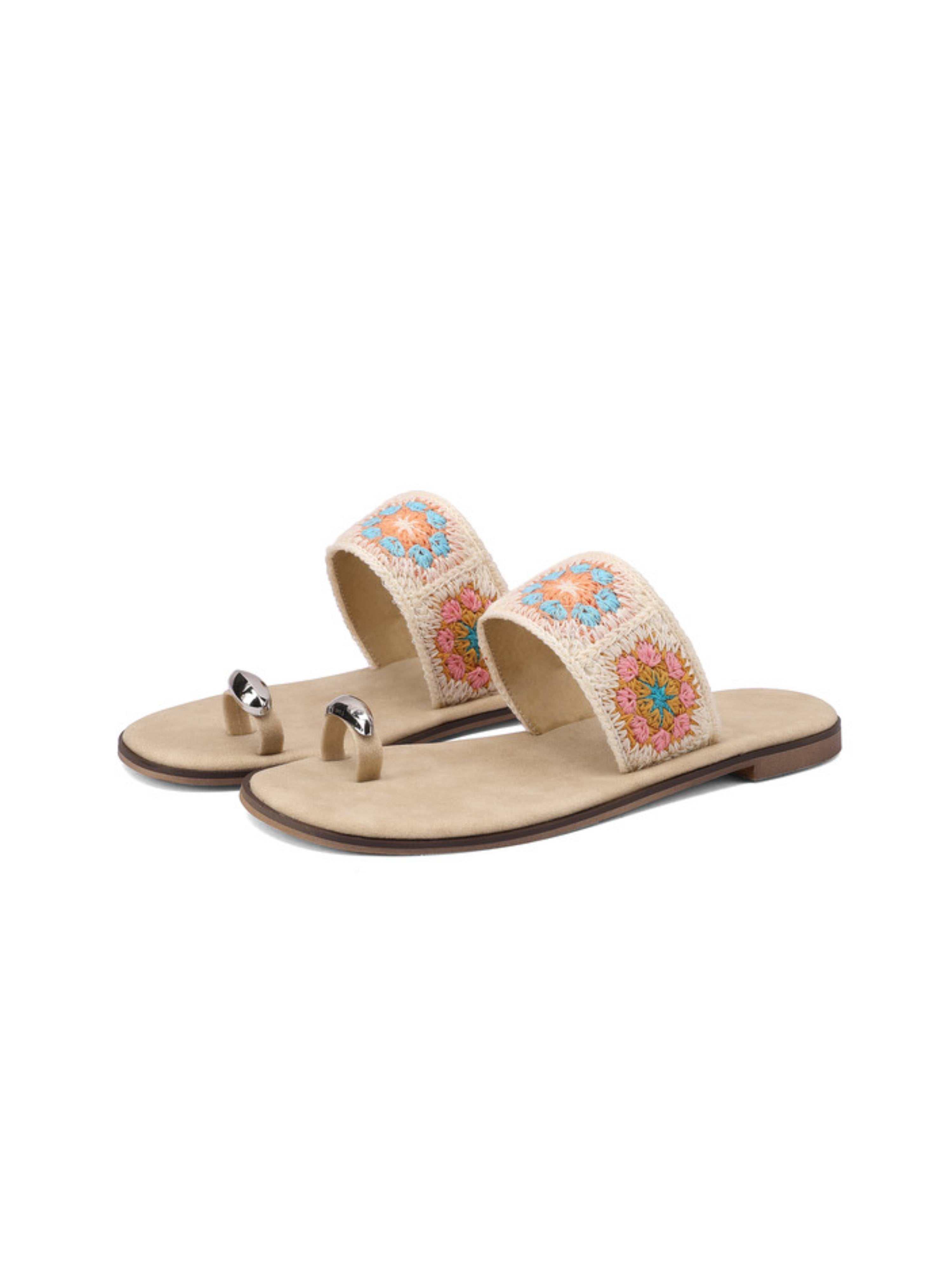 Floral Crochet Toe-Ring Slip-On Flat Sandals Women