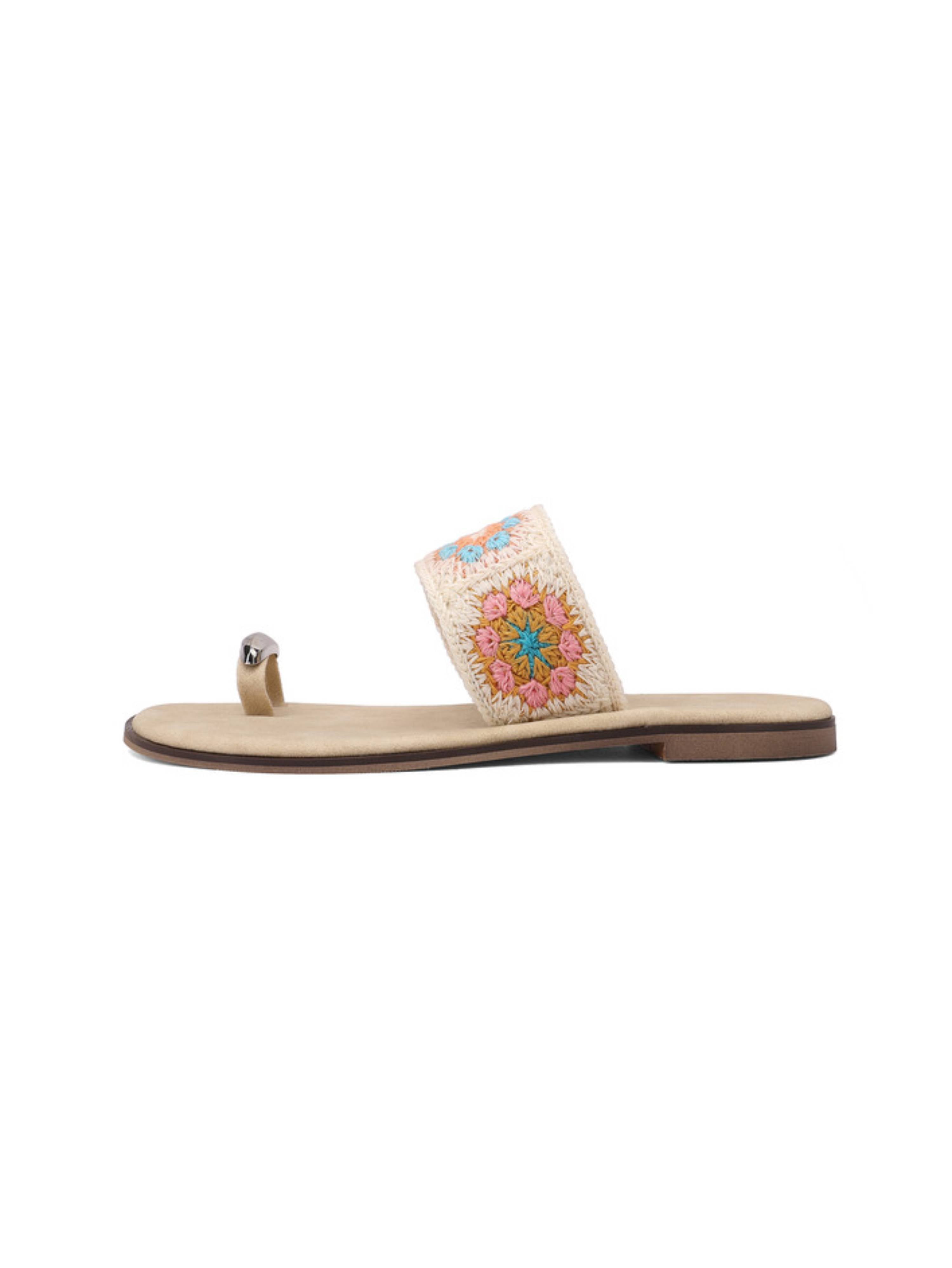 Floral Crochet Toe-Ring Slip-On Flat Sandals Women