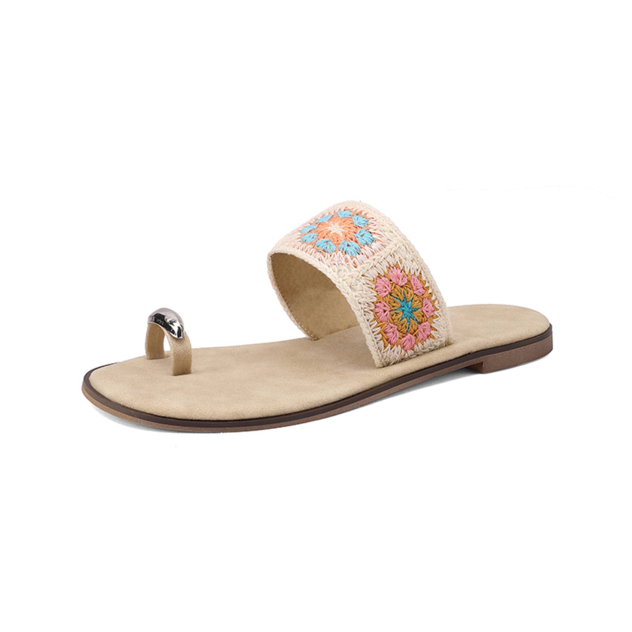 Floral Crochet Toe-Ring Slip-On Flat Sandals Women