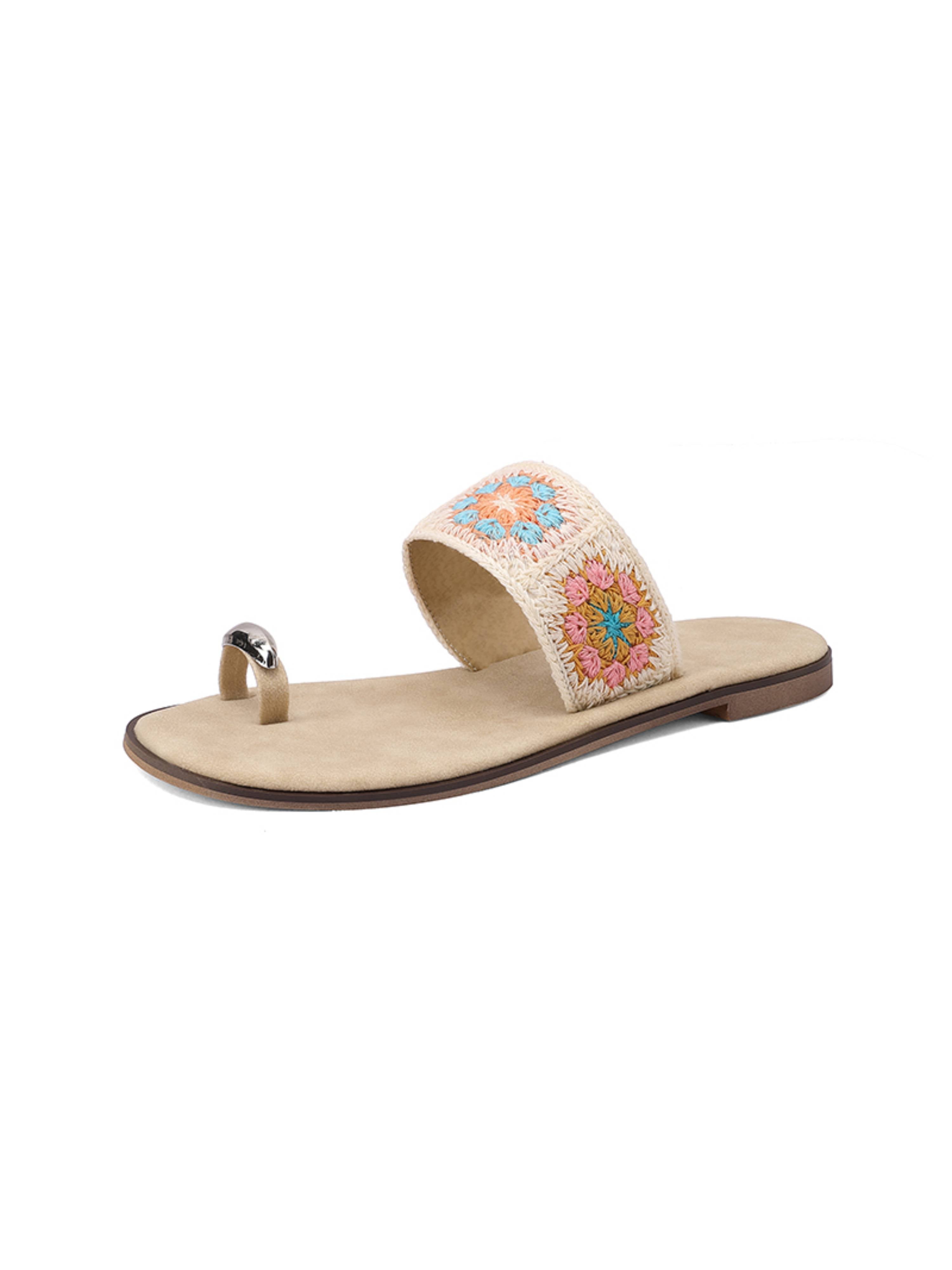 Floral Crochet Toe-Ring Slip-On Flat Sandals Women