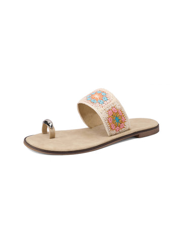 Floral Crochet Toe-Ring Slip-On Flat Sandals Women