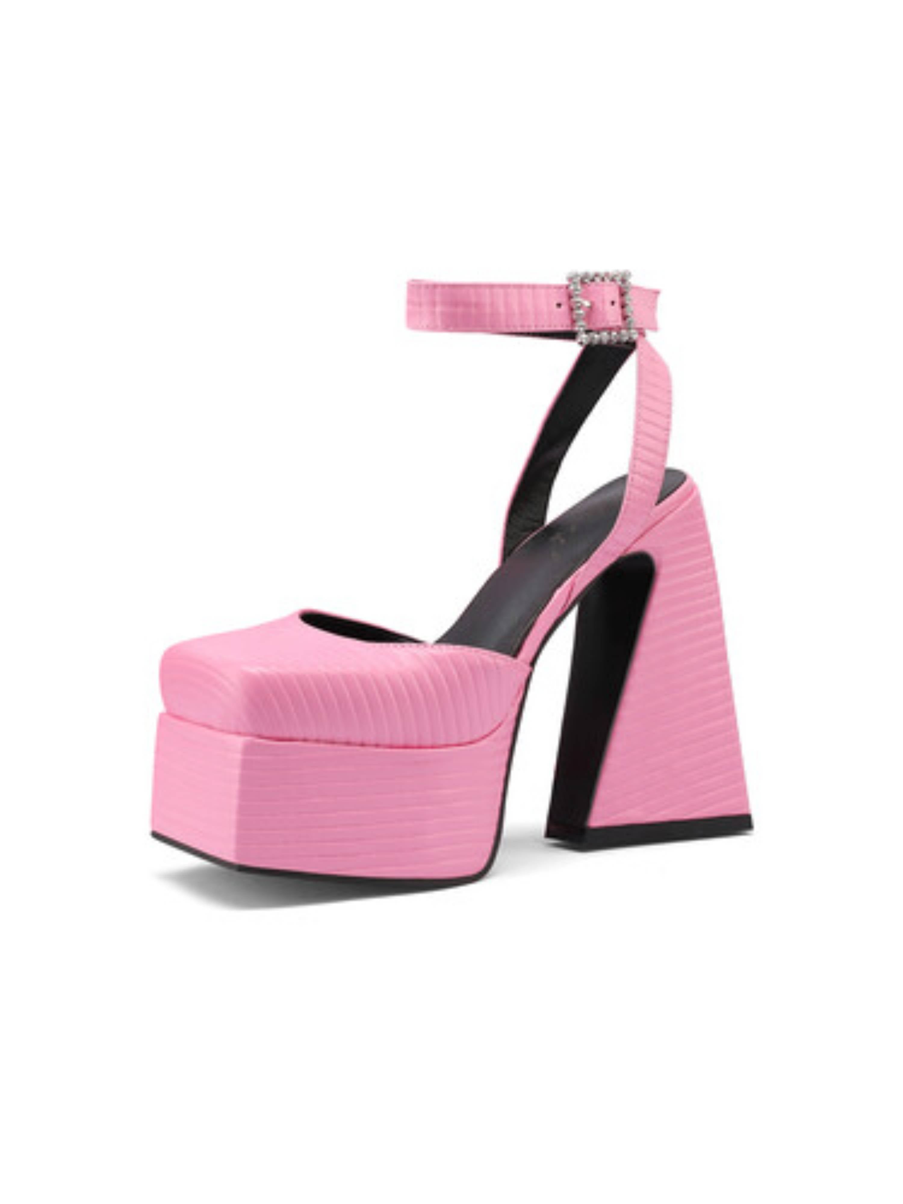 Pink Textured Platform Chunky Heeled Sandals for Women