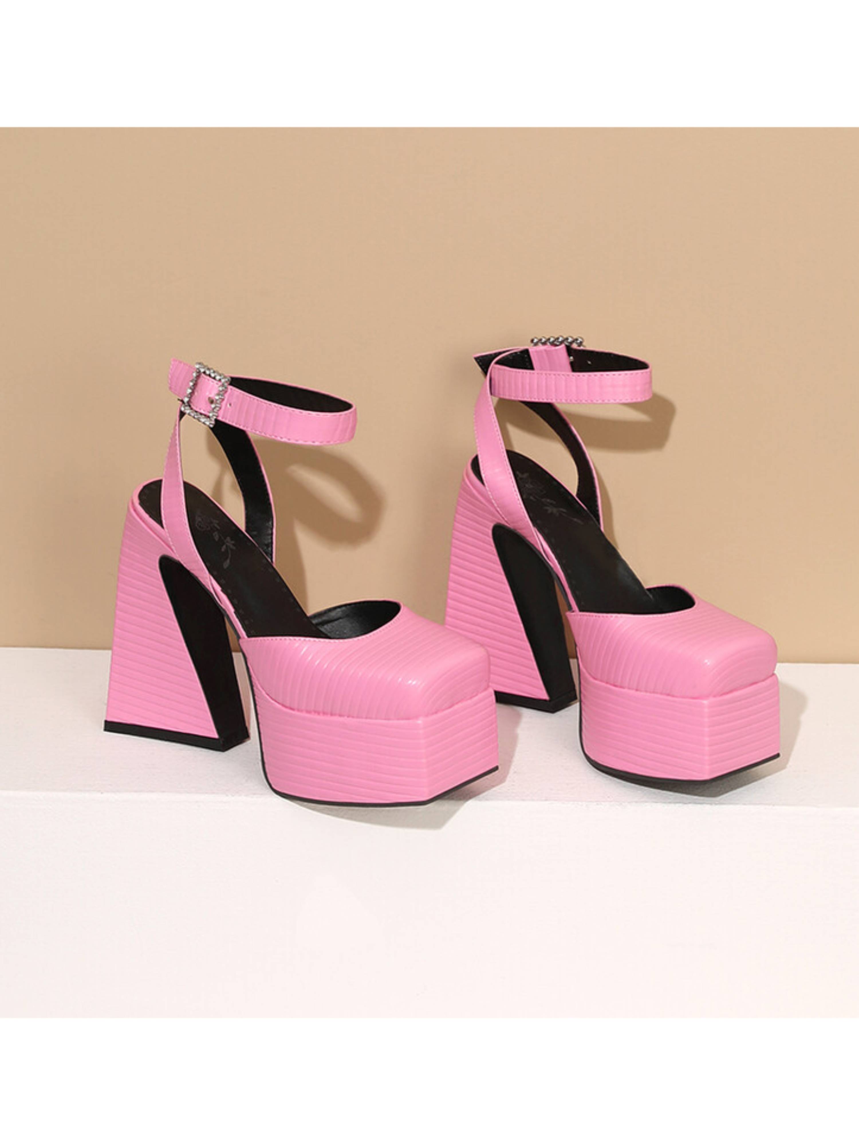 Pink Textured Platform Chunky Heeled Sandals for Women