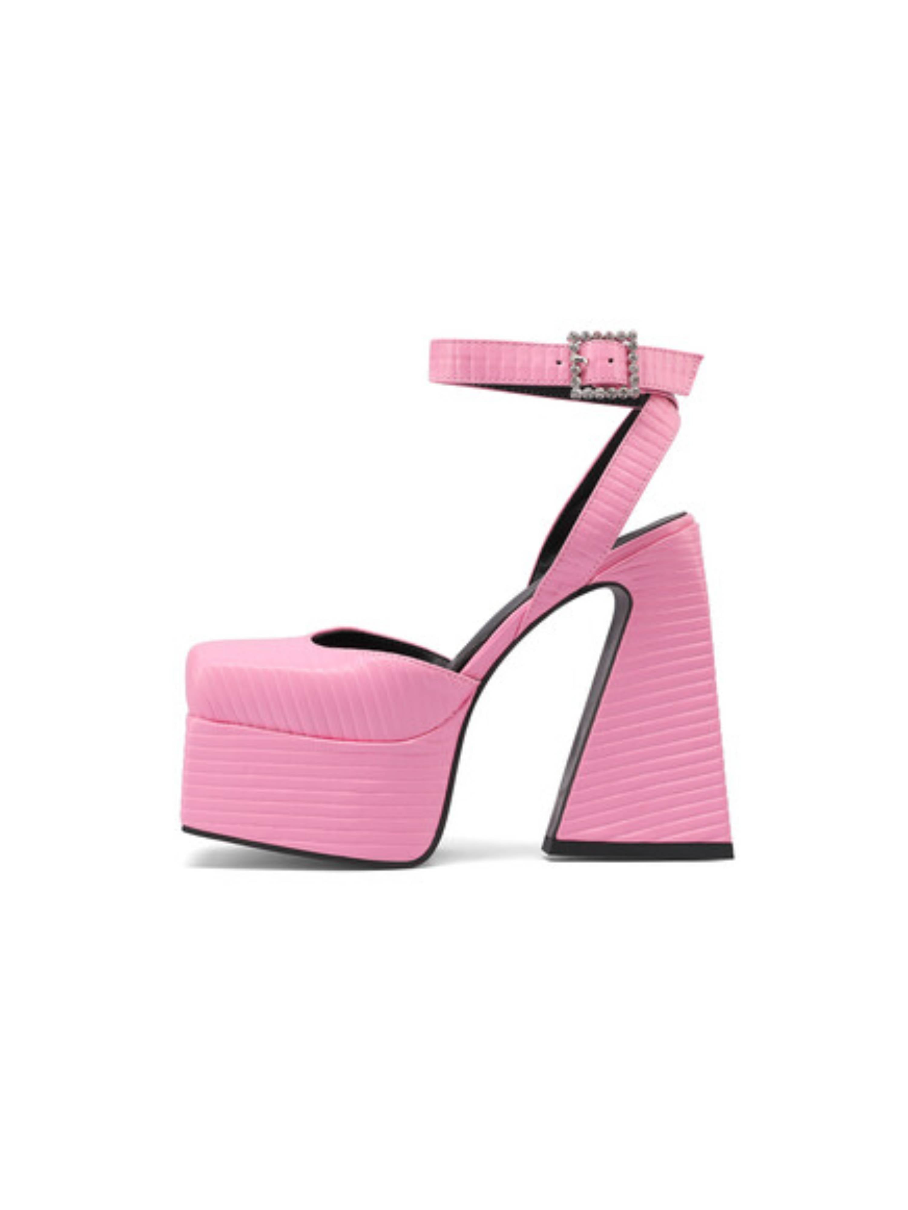 Pink Textured Platform Chunky Heeled Sandals for Women