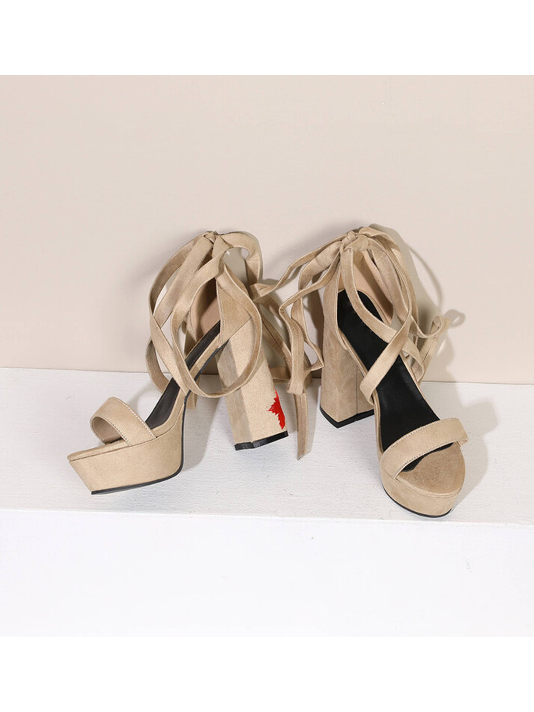 Velvet Lace-Up Block Chunky Heel Sandals for Women