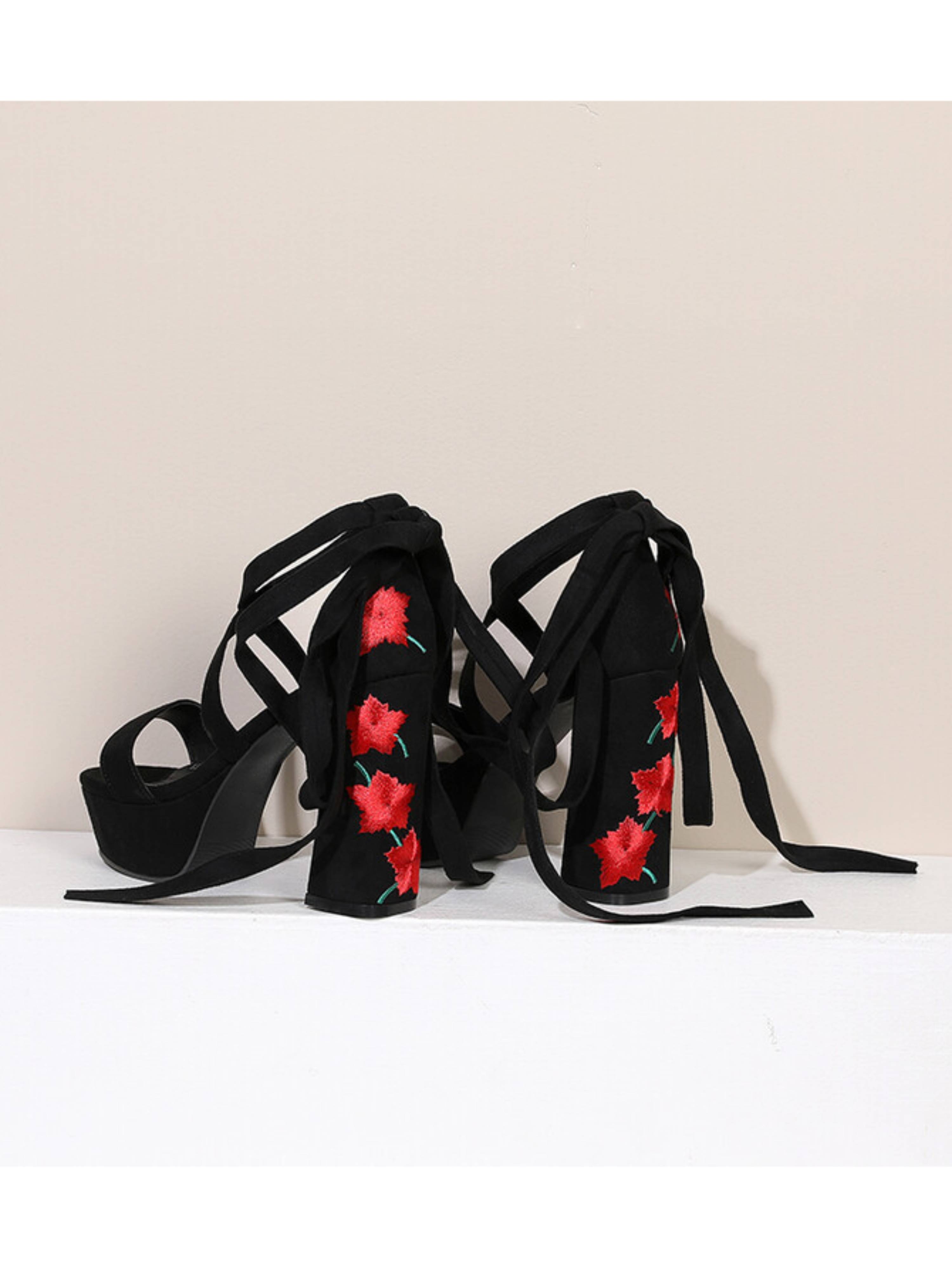 Black Velvet with Ankle Tie & Platform Design Sandals Women